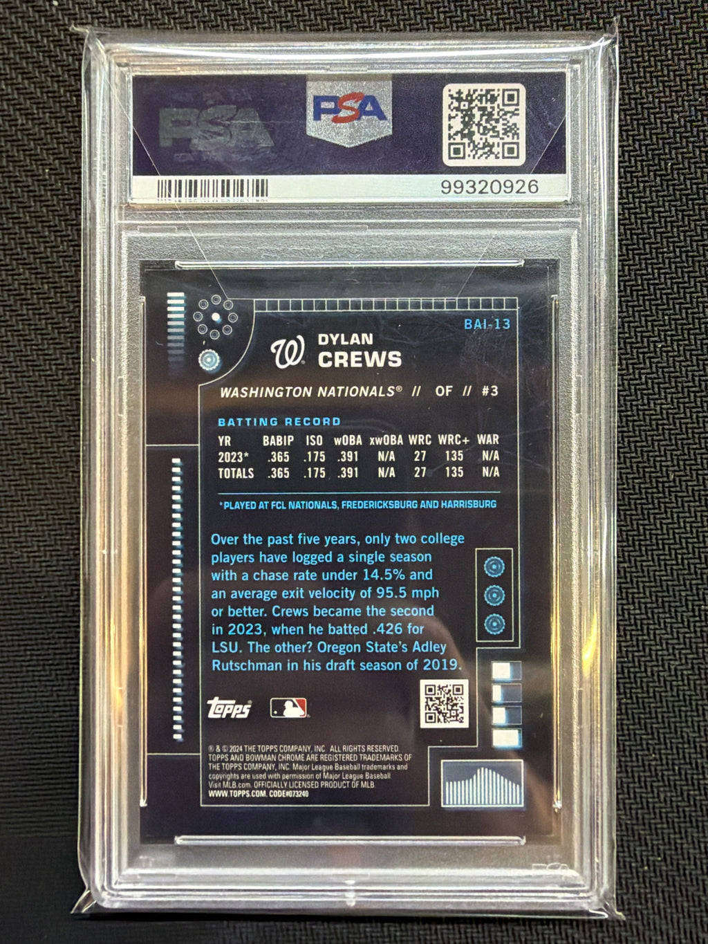 2024 Bowman Dylan Crews AI Aqua /125 Rookie PSA 8