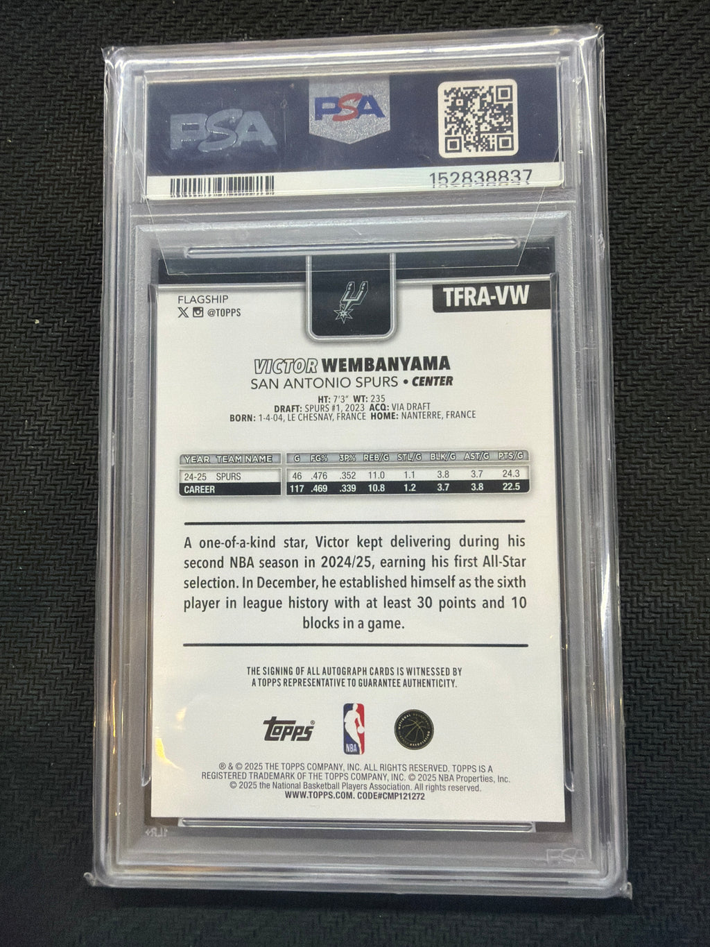 2025/26 Topps Victor Wembanyama Flagship Real One Auto PSA 9 Spurs