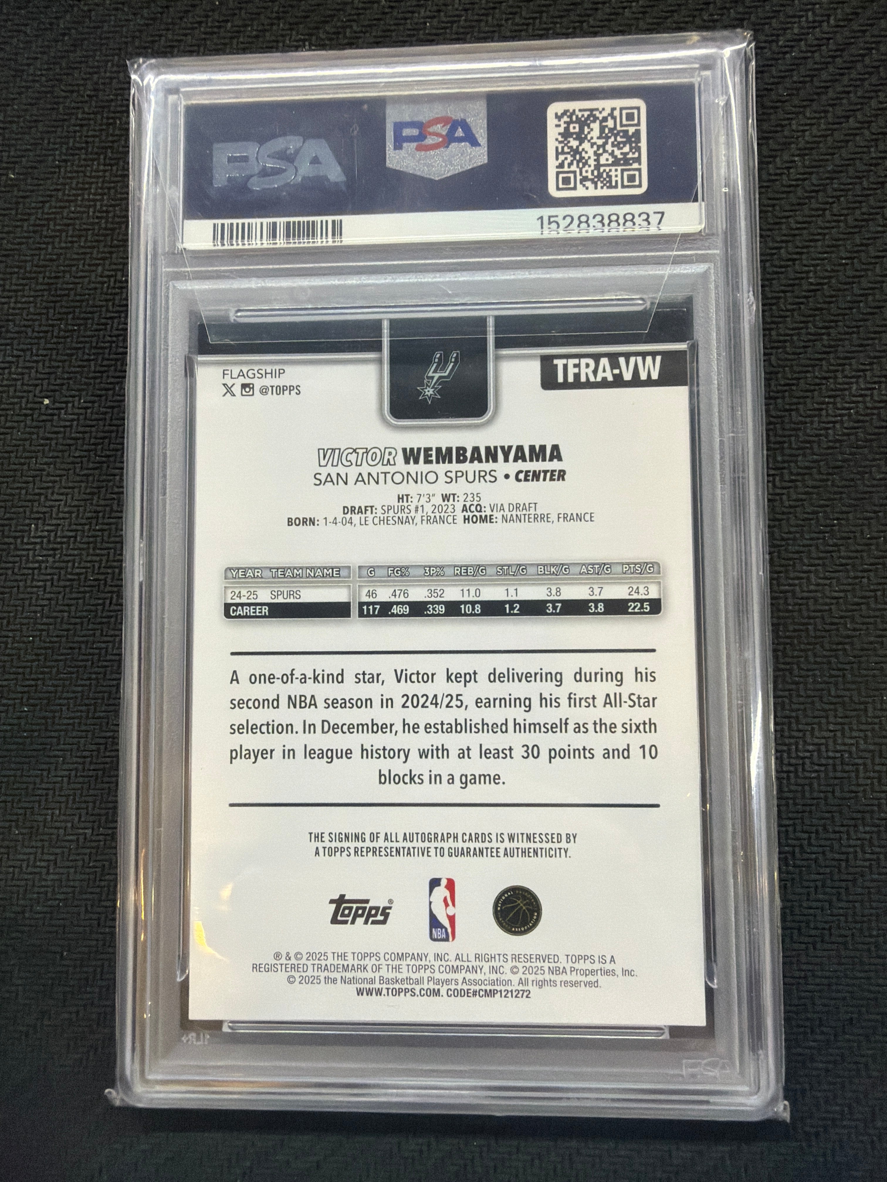 2025/26 Topps Victor Wembanyama Flagship Real One Auto PSA 9 Spurs