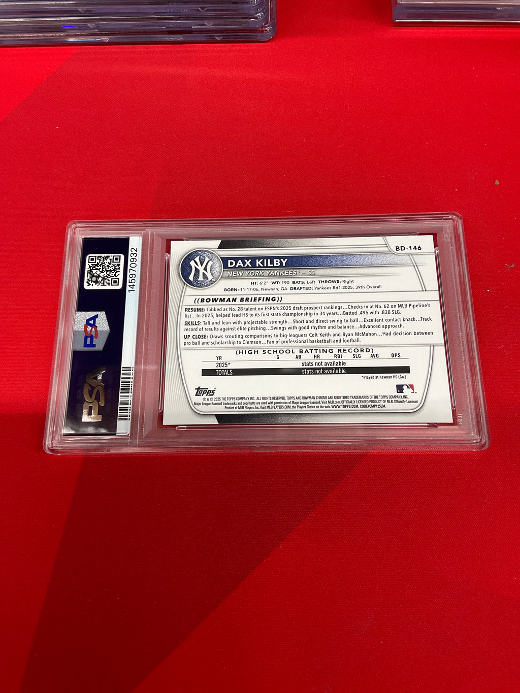 2025 Bowman Paper Dax Kilby Rookie PSA 9 Yankees