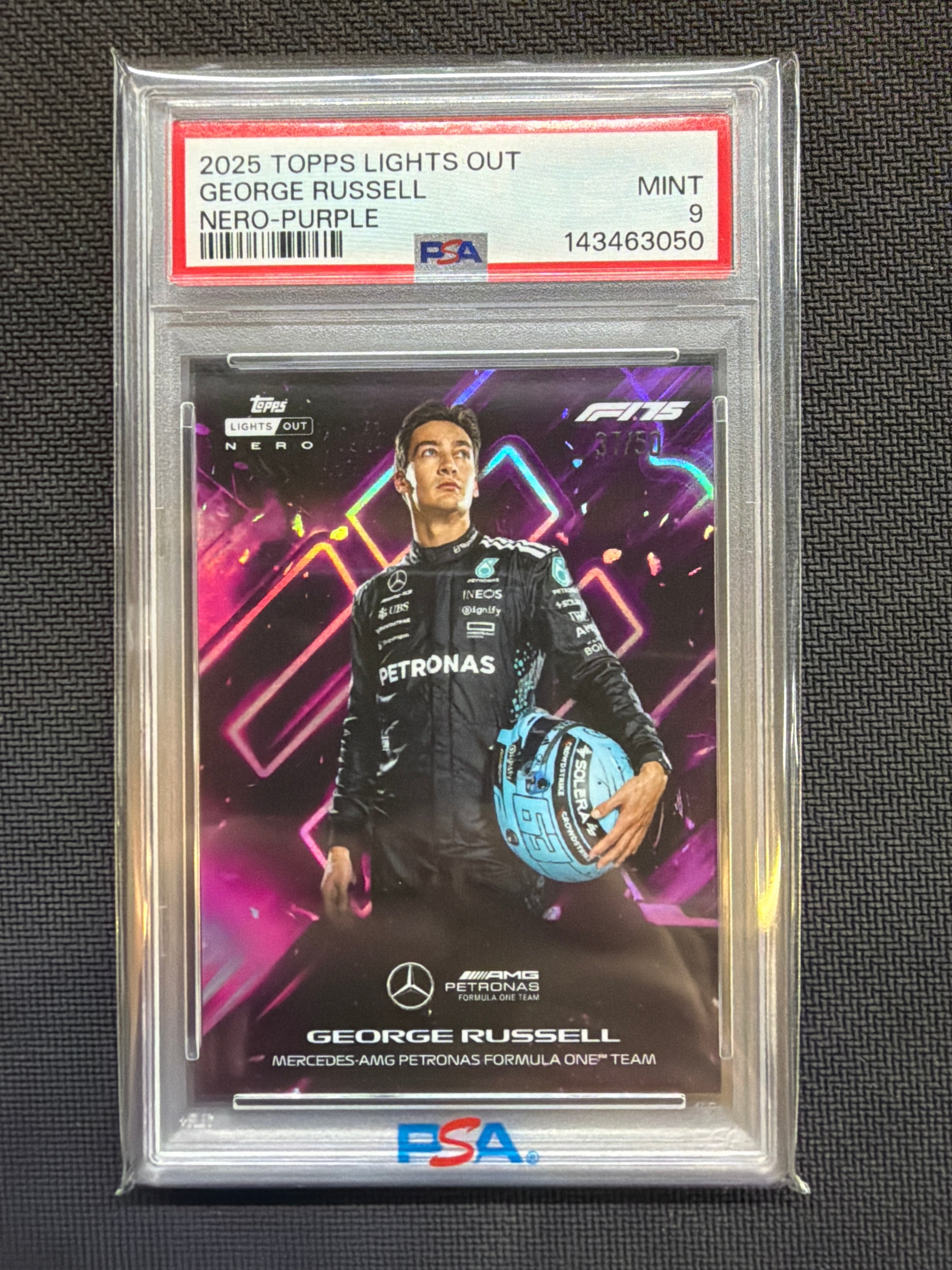 2025 Topps Lights Out George Russell Nero Purple /50 PSA 9