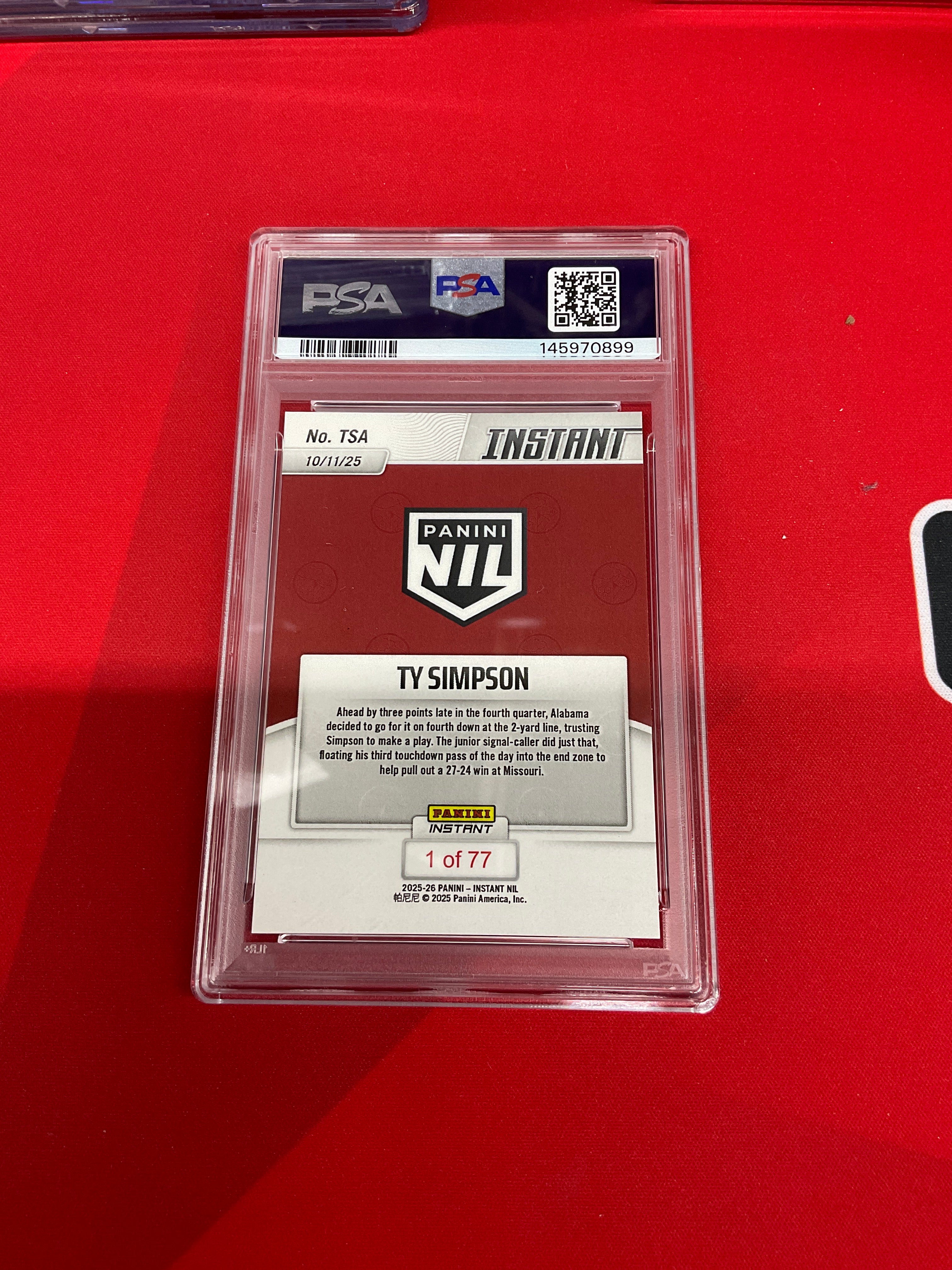 2025 Panini Instant NIL Ty Simpson Rookie PSA 10 Alabama 899