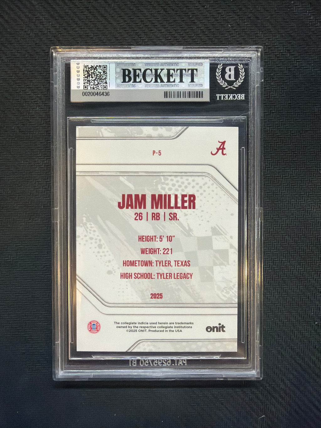 2025 Onit Alabama Jam Miller Purple /199 BGS 8.5 Alabama