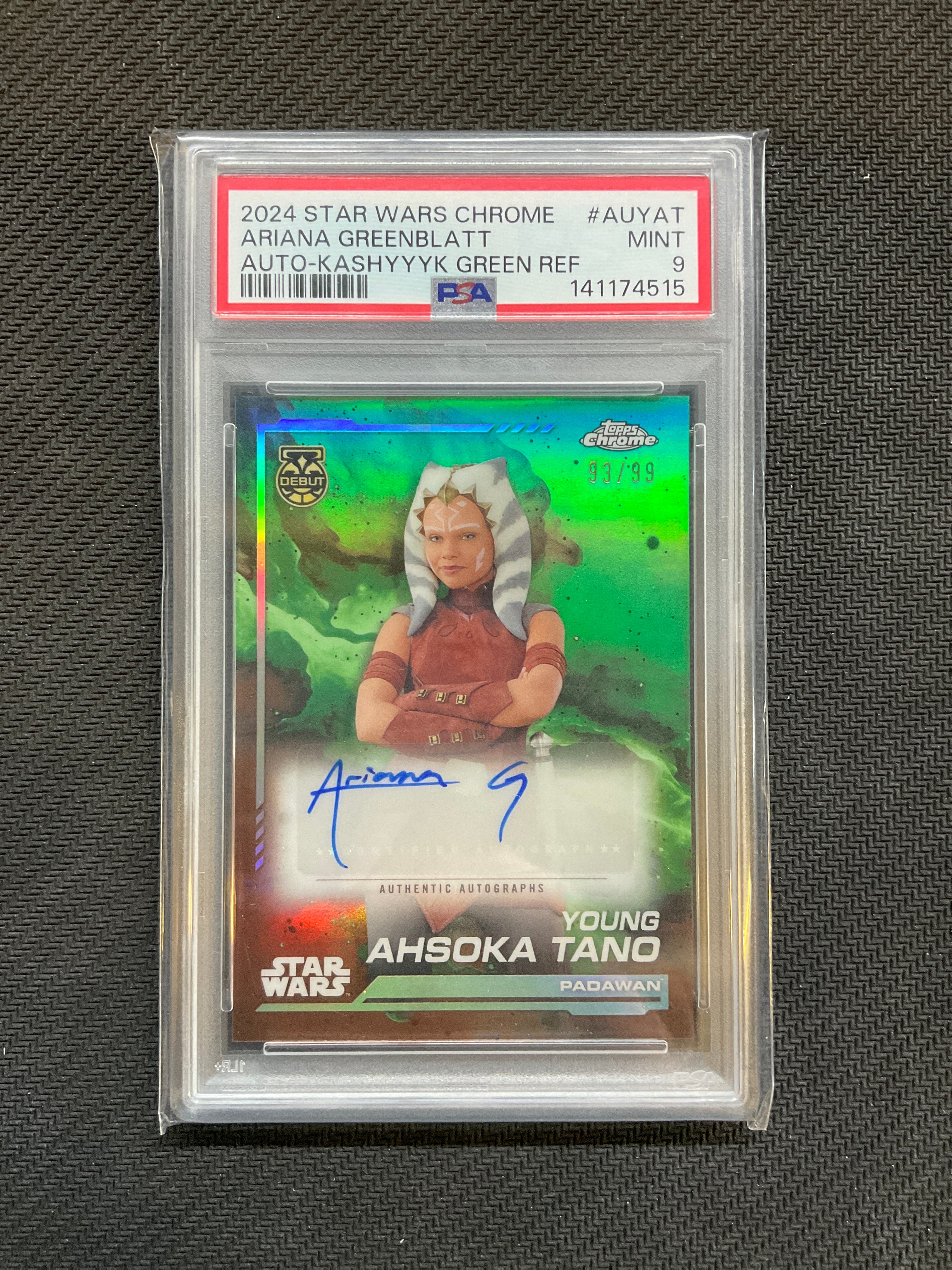 2024 Topps Chrome Star Wars Ariana Greenblatt Ashoka Tano Auto /99 Green PSA 9