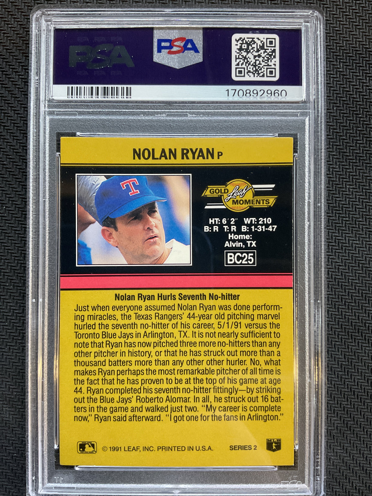1991 Leaf Gold Rookies #BC25 Nolan Ryan PSA 9
