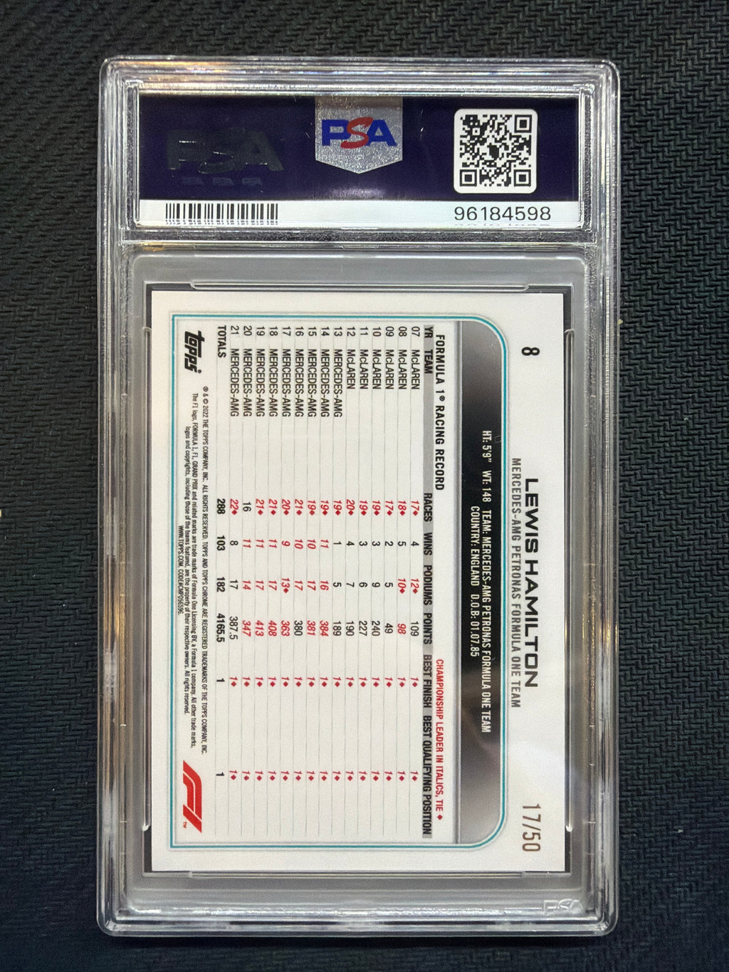 2022 Topps Chrome F1 Lewis Hamilton Gold Wave /50 PSA 10 598 Mercedes