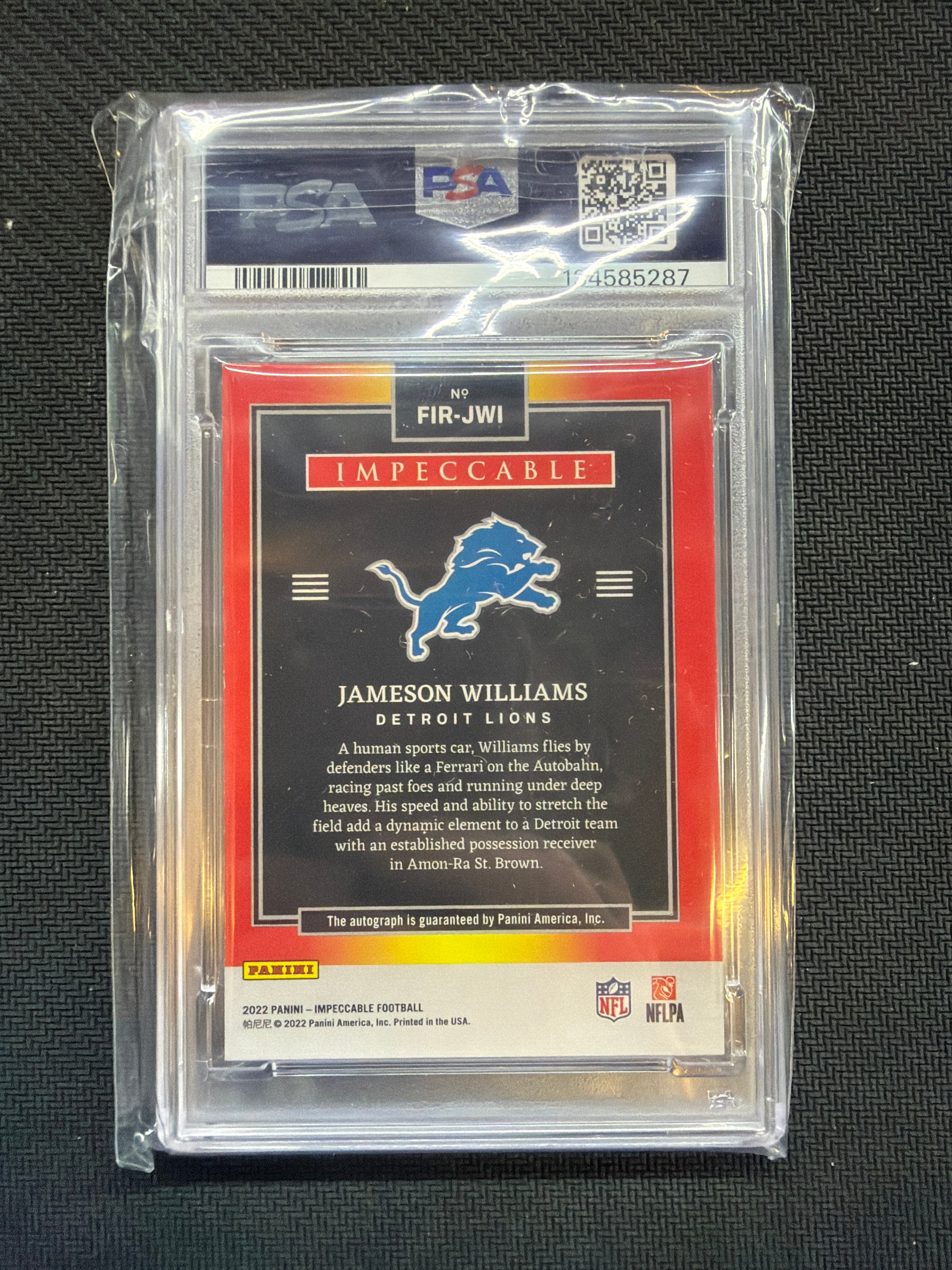2022 Impeccable Jameson Williams Rookie Auto /50 PSA 8 Lions