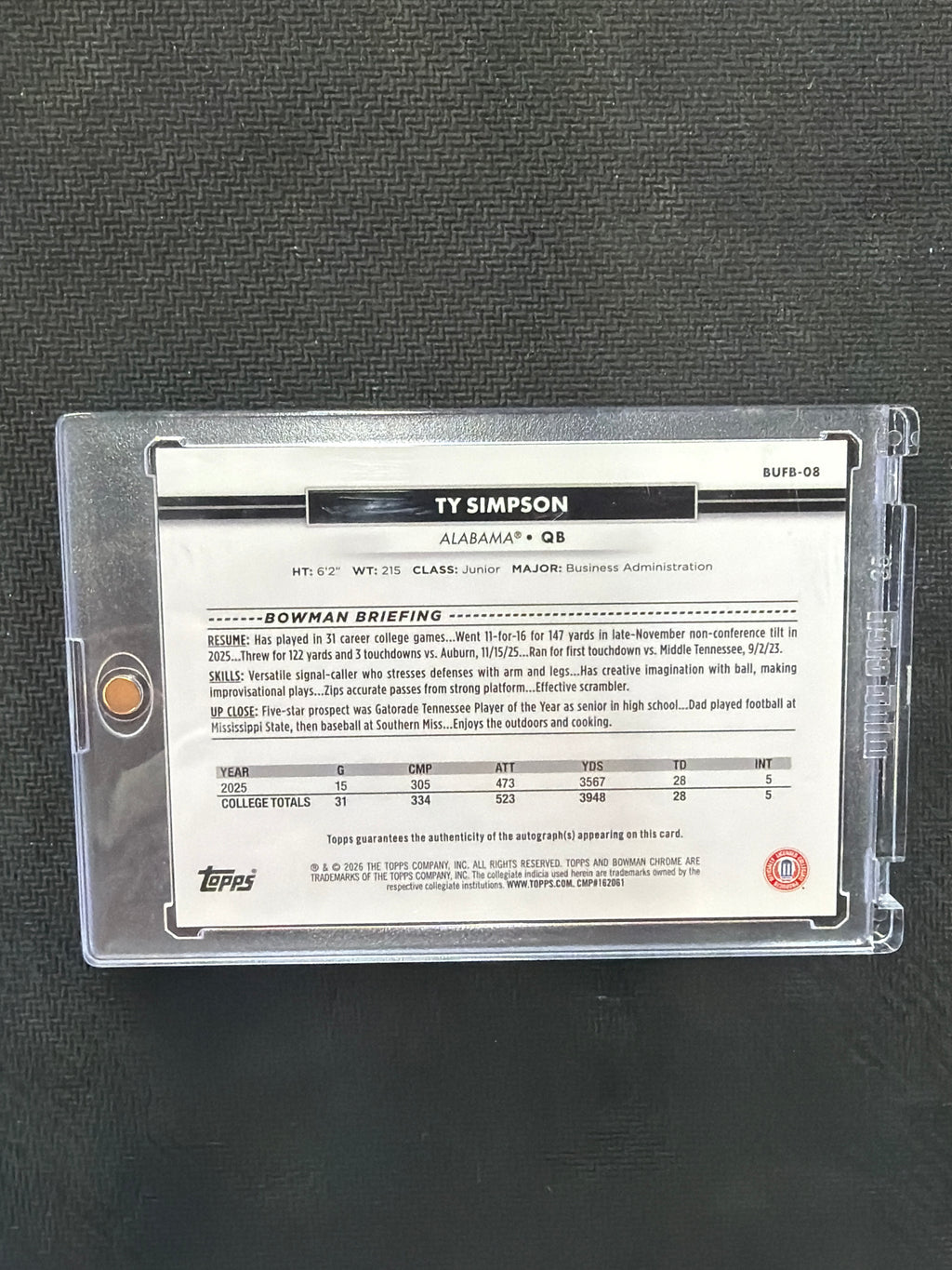 2026 Topps National Ty Simpson Rookie Black Auto /10 Alabama