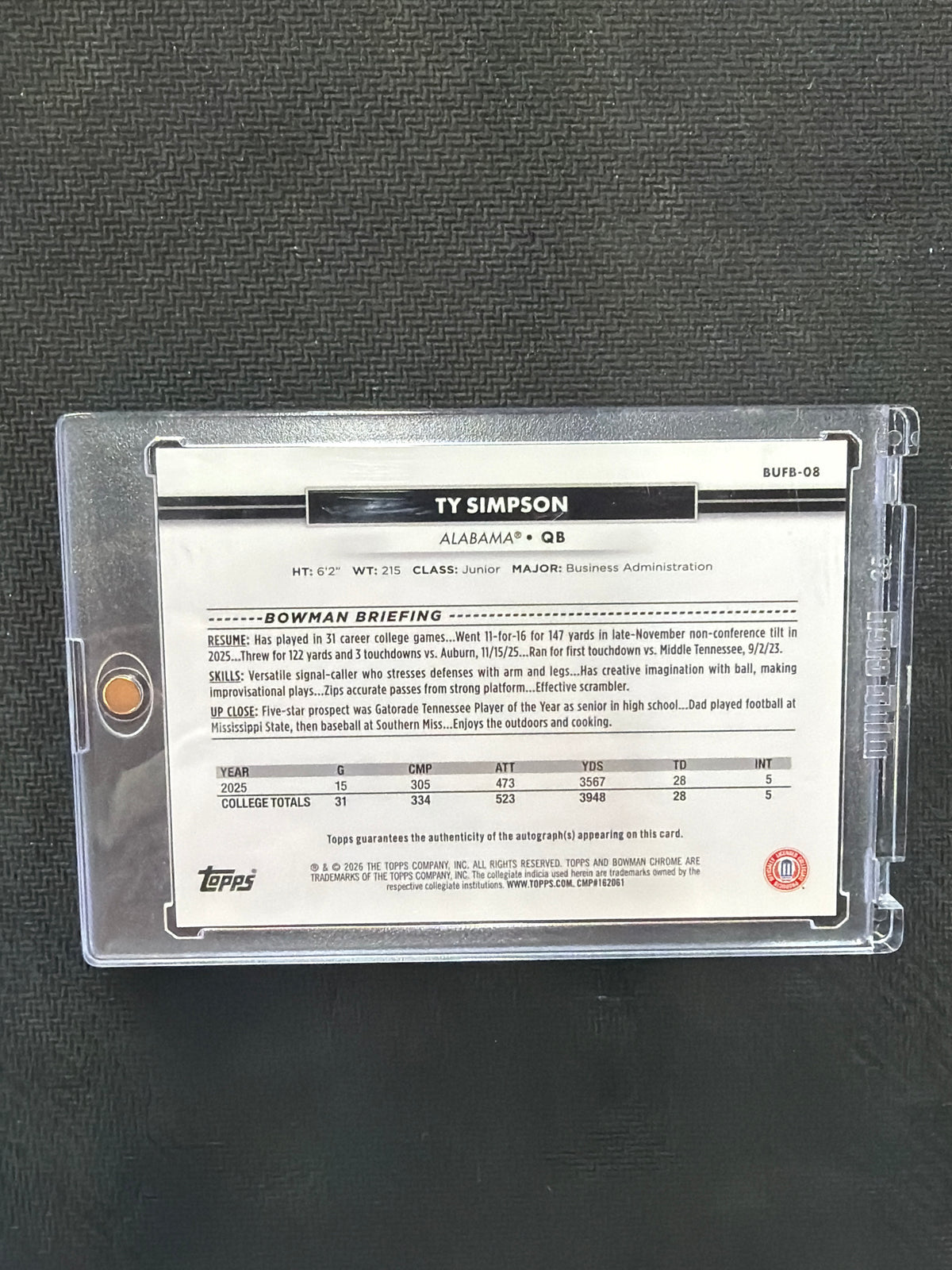 2026 Topps National Ty Simpson Rookie Black Auto /10 Alabama