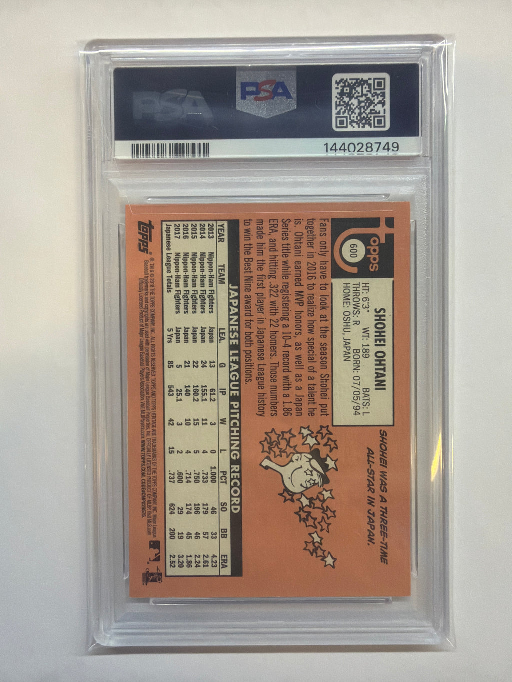 2018 Topps Heritage #600 Shohei Ohtani PSA 10 Rookie Angels 749