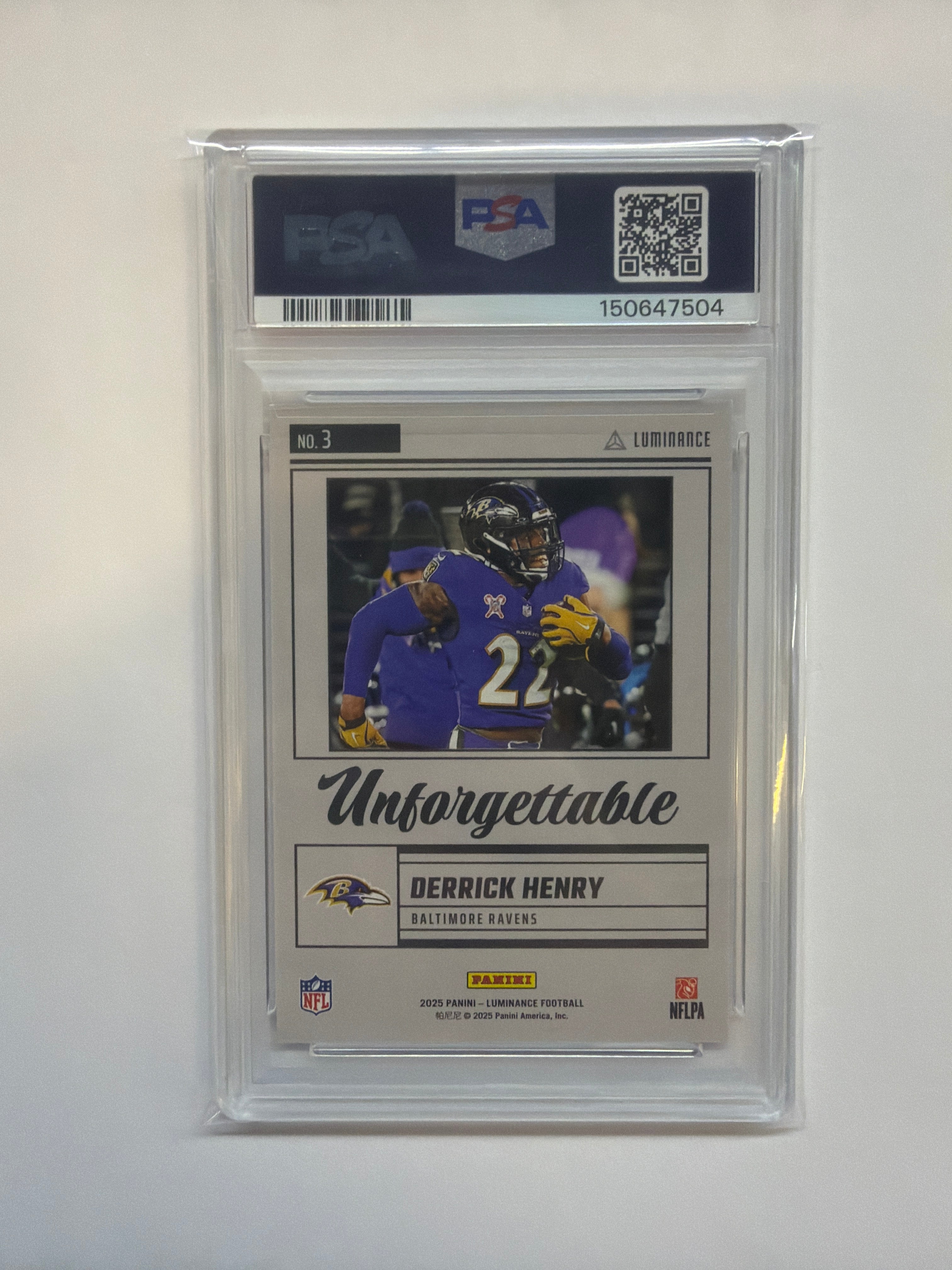 2025 Luminance Derrick Henry Unforgettable Blue /50 PSA 9 Ravens