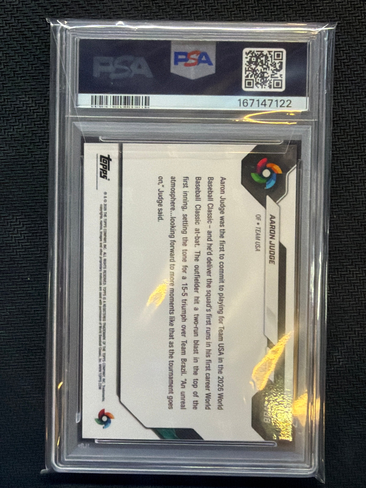 2026 Topps Now WBC Aaron Judge #WB8 Slugs 1st HR PSA 10 122