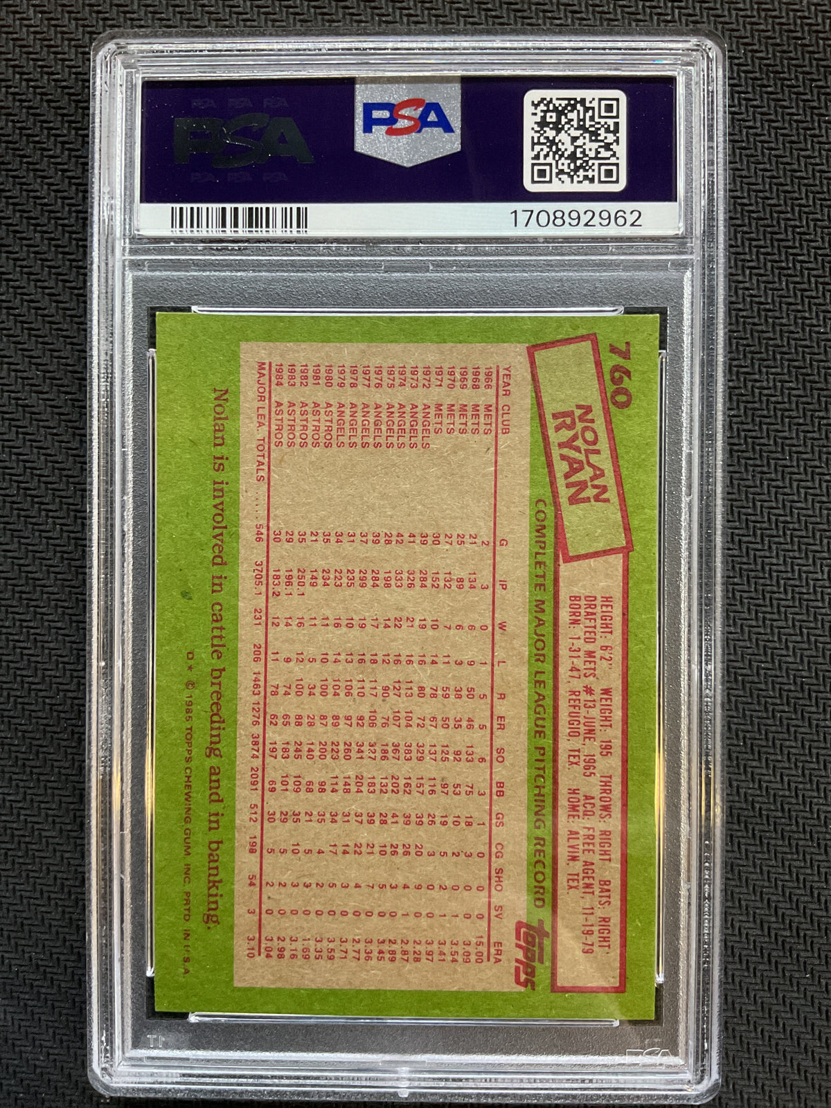 1985 Topps #760 Nolan Ryan PSA 9