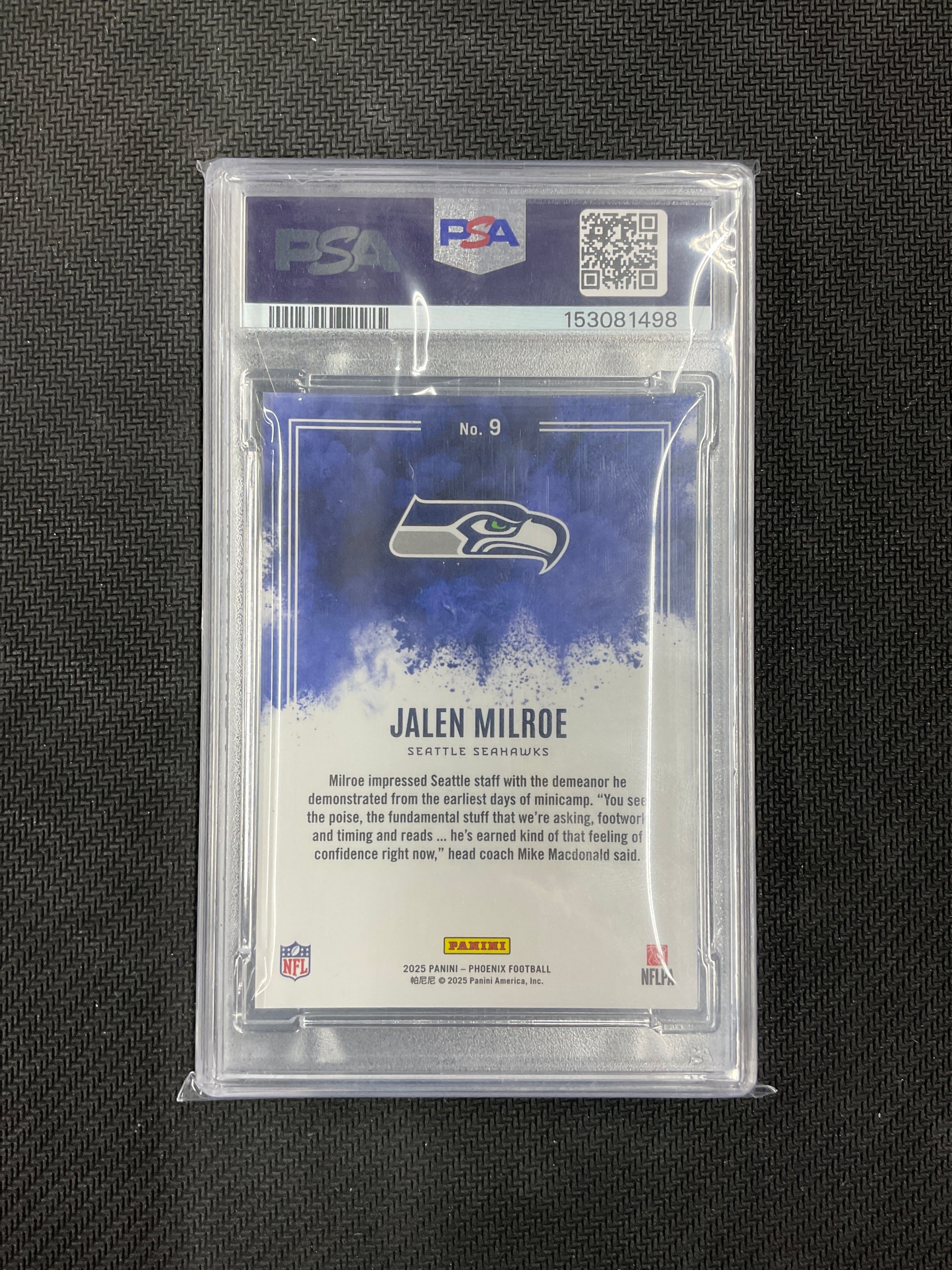 2025 Panini Phoenix Jalen Milroe Rookie Color Blast PSA 9 Seahawks