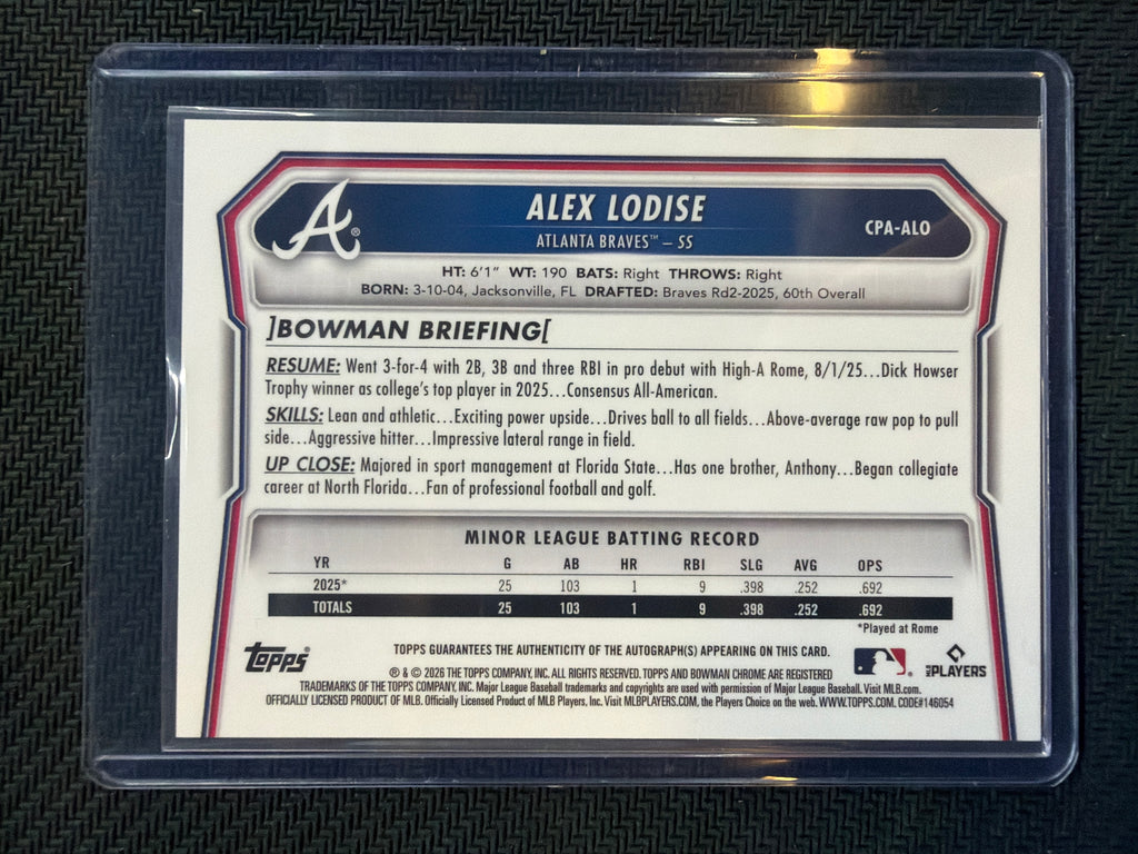 2026 Bowman Chrome Alex Lodise 1st Auto #CPA-ALO Braves