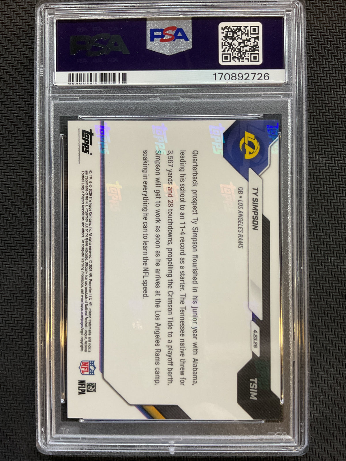 2026 Topps Now #TSIM Ty Simpson PSA 10 726