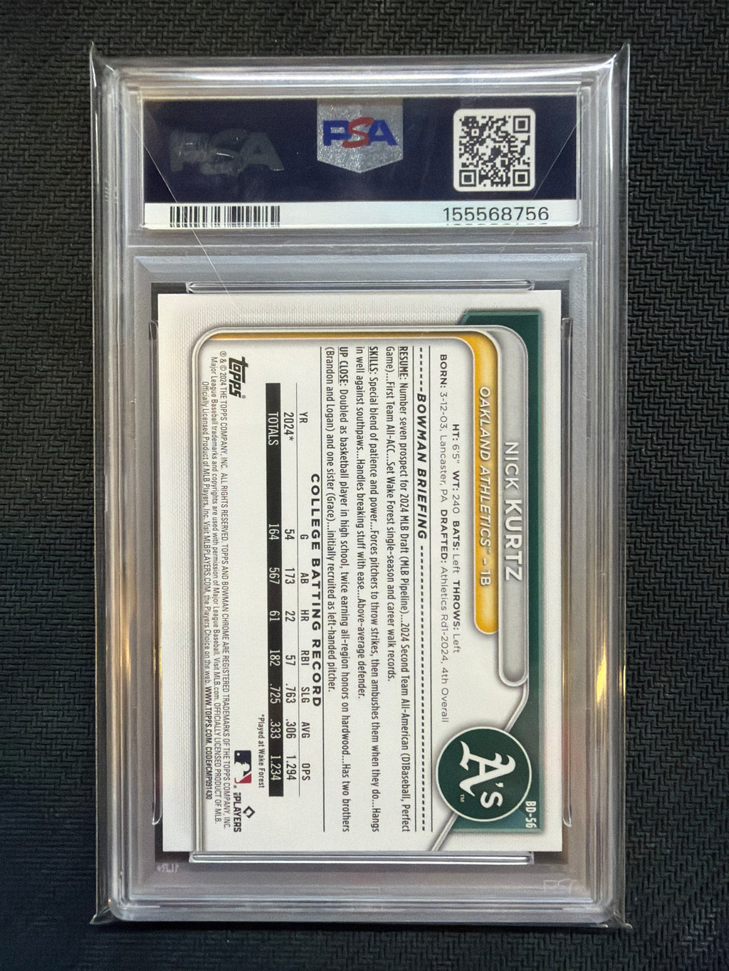 2024 Bowman Draft Nick Kurtz #BD56 PSA 10 A's 756