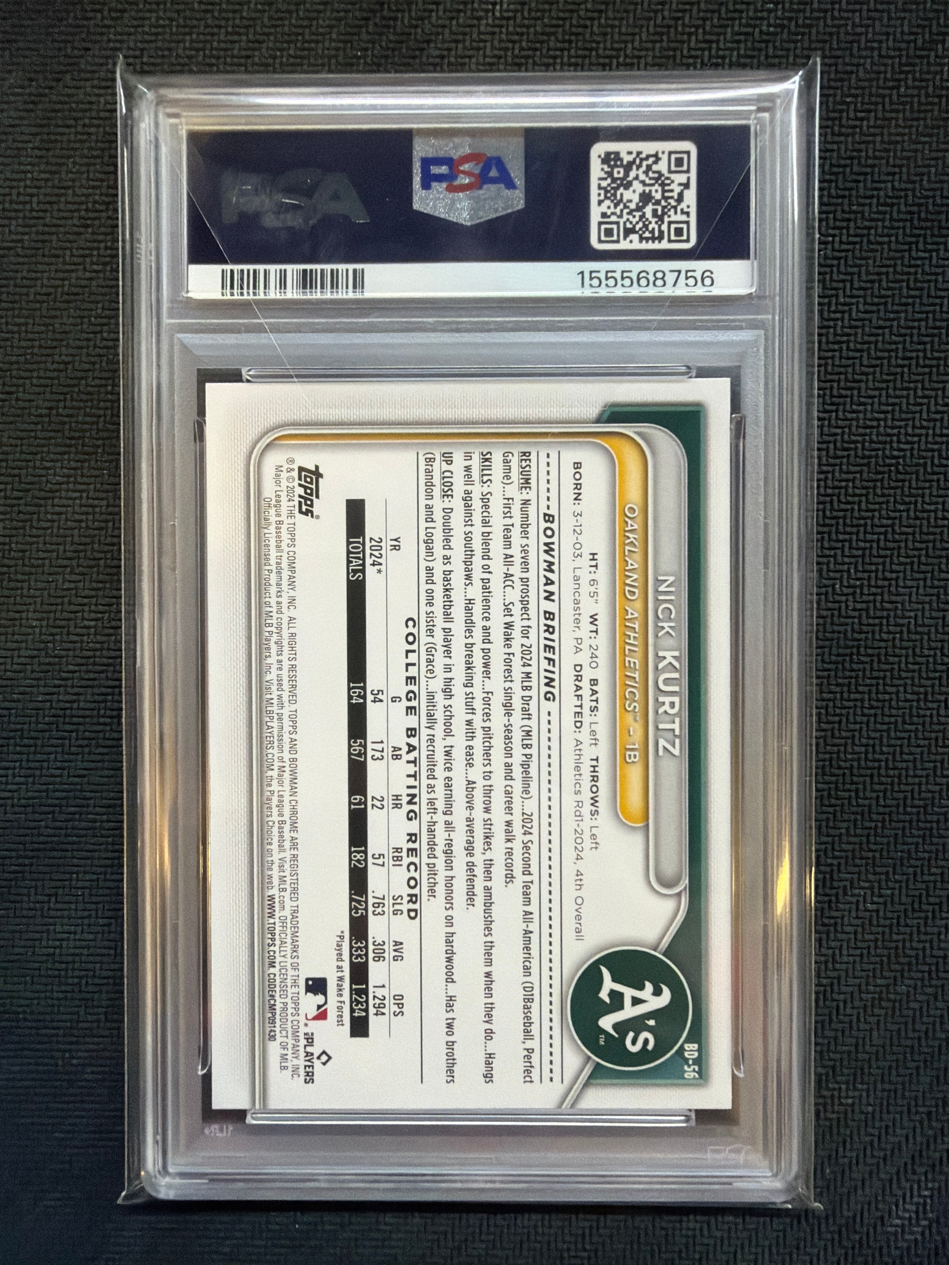 2024 Bowman Draft Nick Kurtz #BD56 PSA 10 A's 756