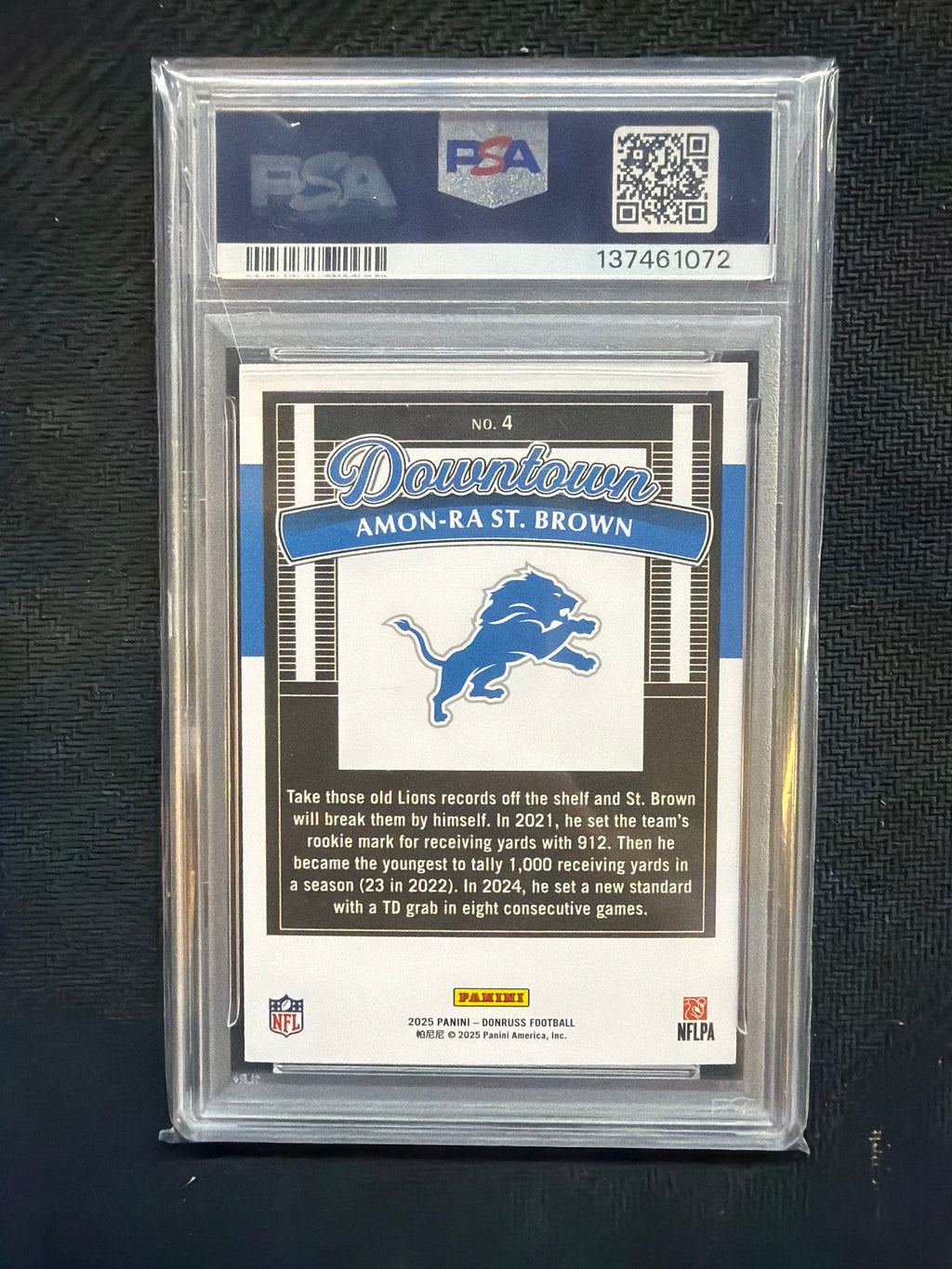 2025 Donruss Amon-Ra St. Brown Downtown! Horizontal PSA 10 Lions 072