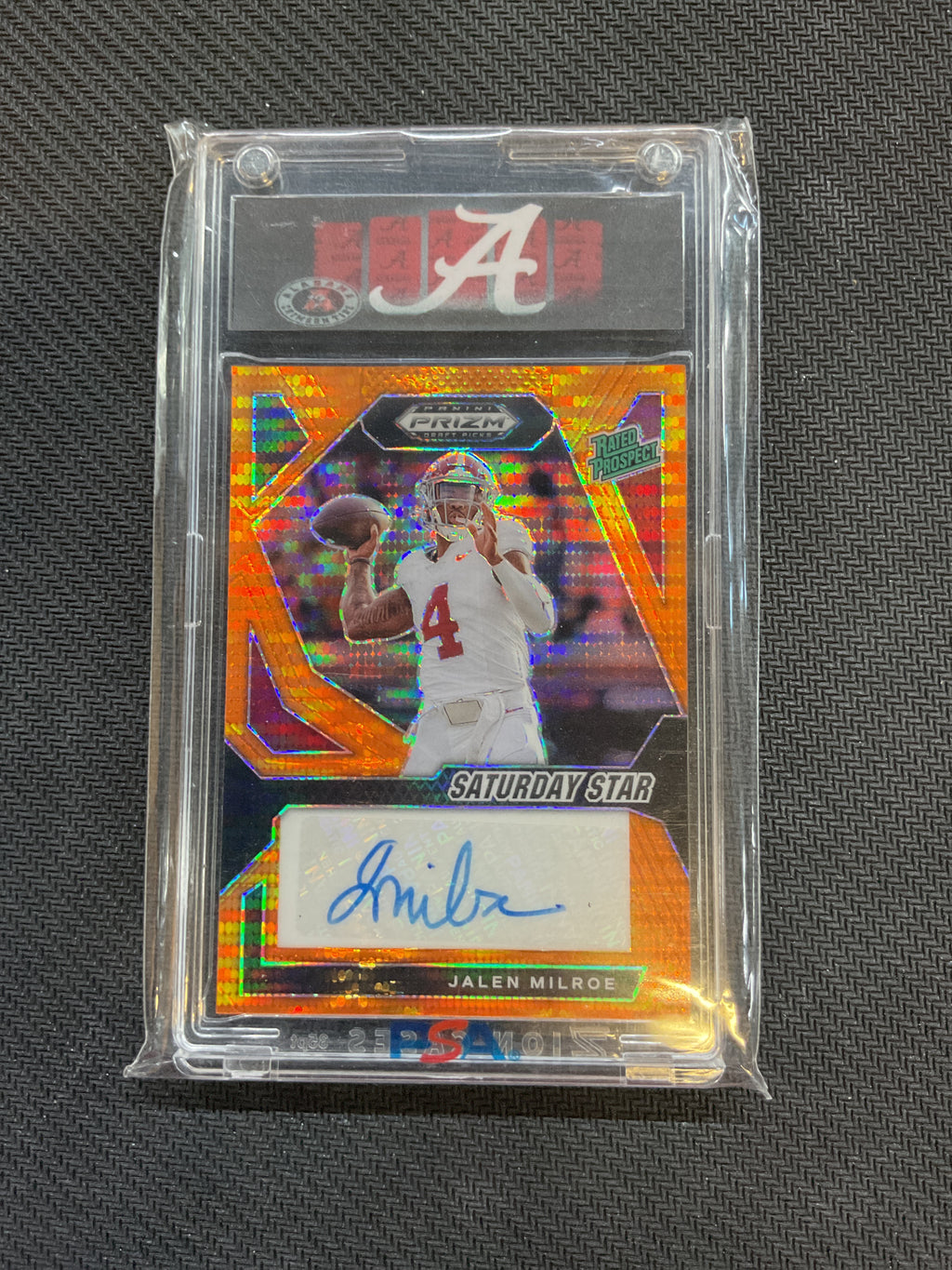 2024 Prizm Draft Picks Jalen Milroe Rookie Auto /49 Orange Pulsar