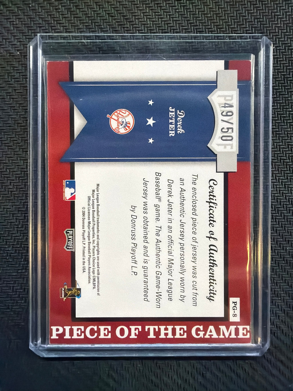 2004 Donruss Playoff Derek Jeter #PG-8 Piece Of The Game /50 GAME WORN