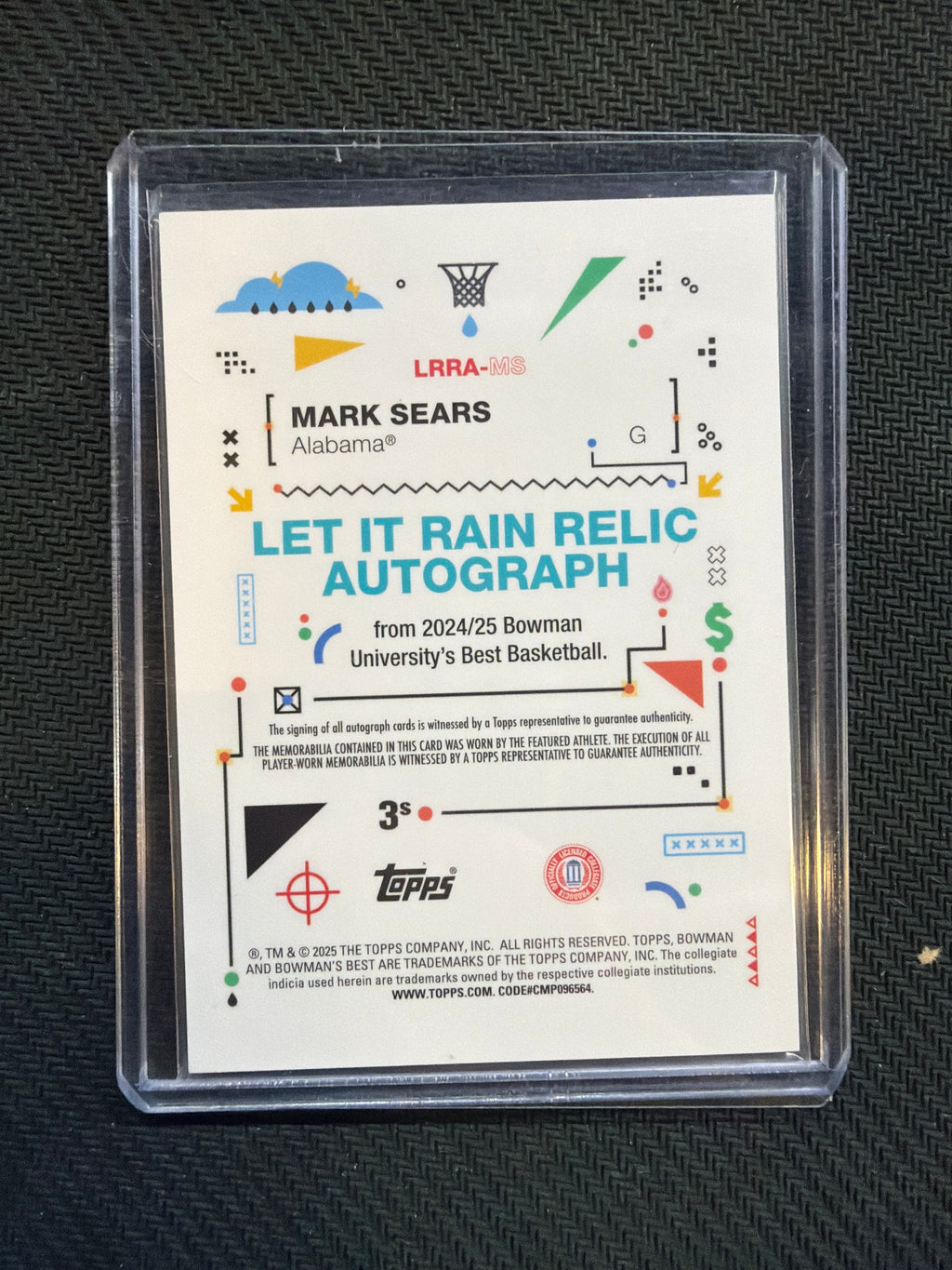 2025 Bowman U Best Mark Sears Let It Rain Patch Auto Alabama