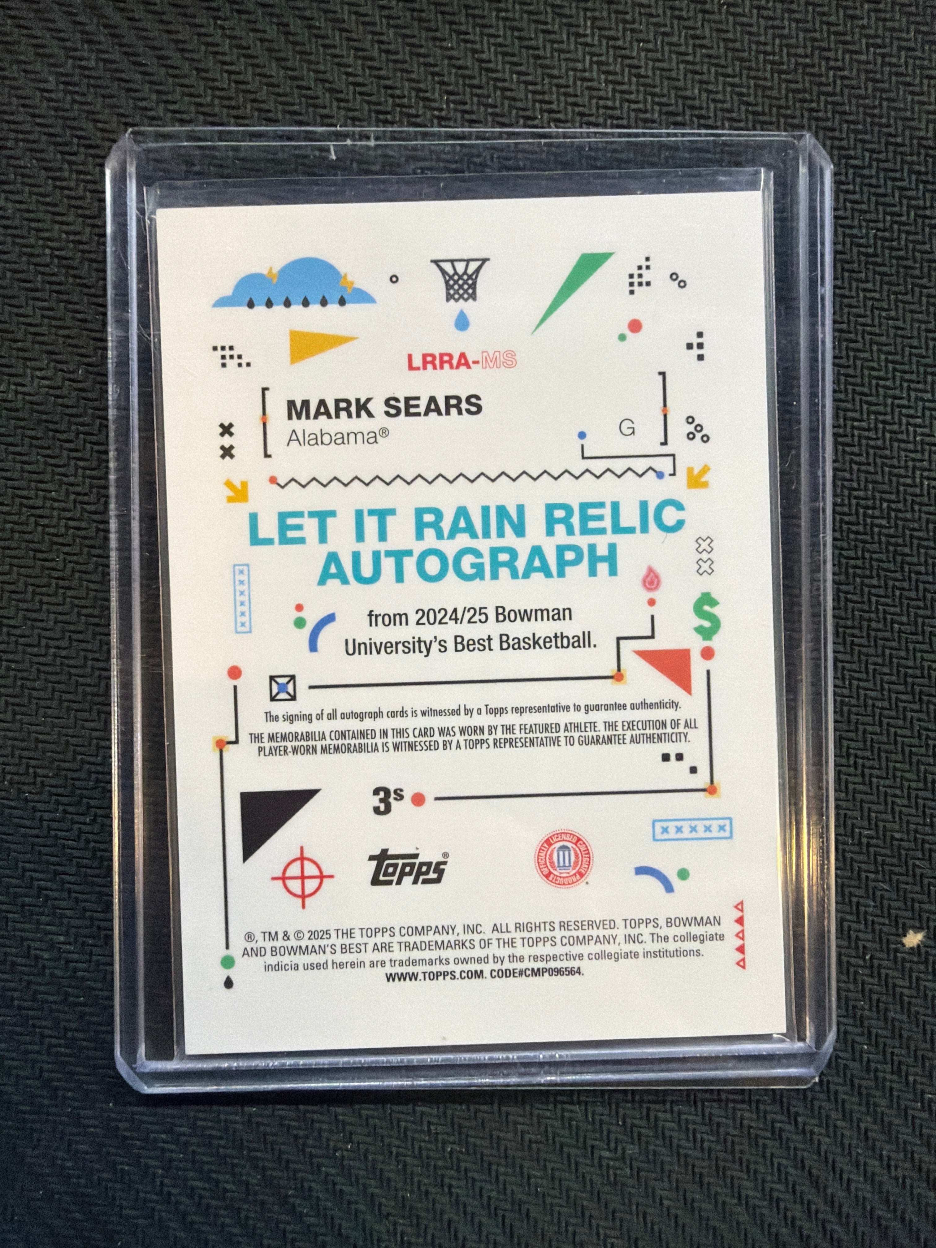 2025 Bowman U Best Mark Sears Let It Rain Patch Auto Alabama