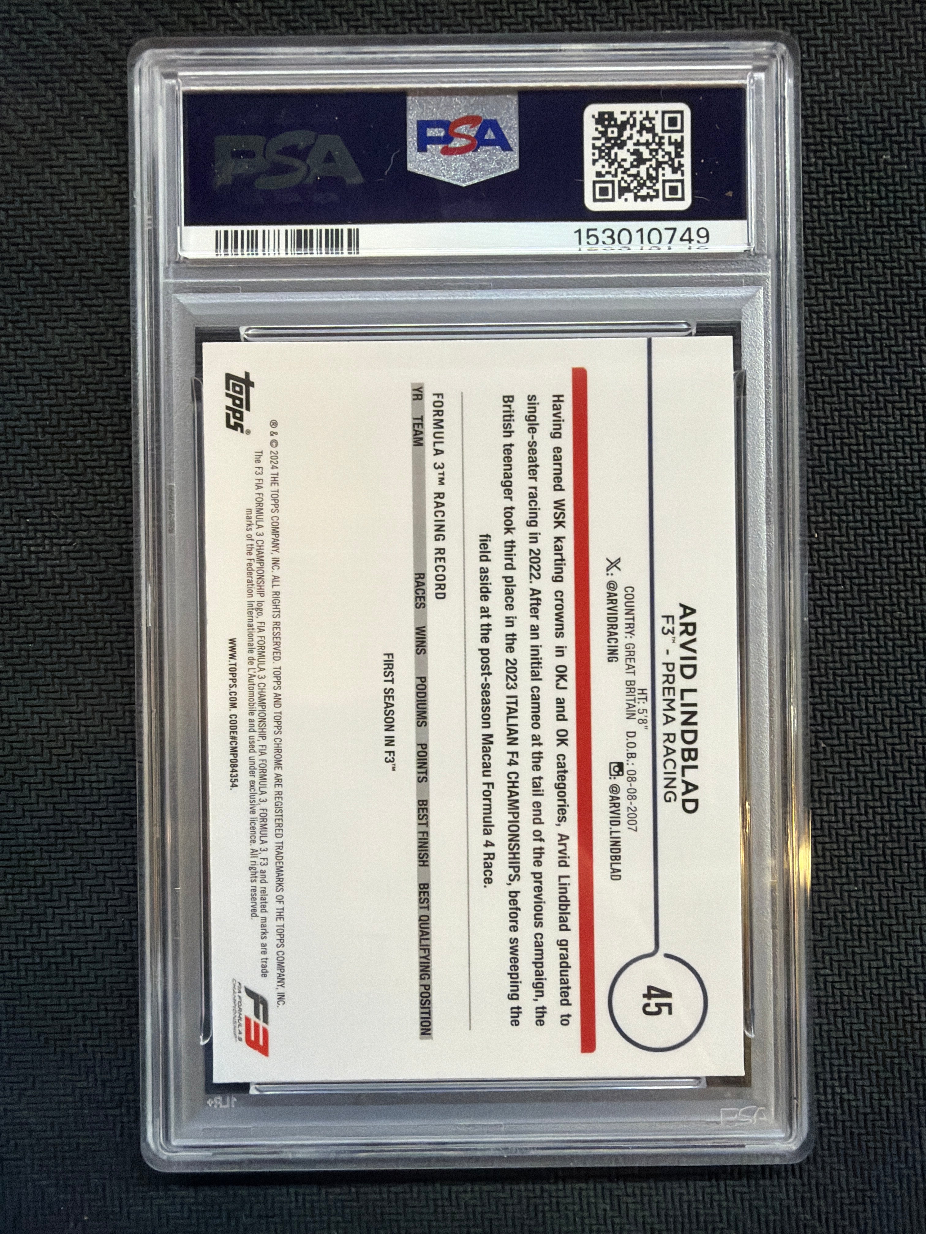 2024 Topps Chrome F1 Sapphire Arvid Lindblad Rookie PSA 9