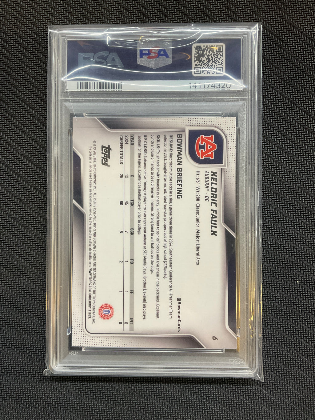 2025 Bowman U Sapphire Keldric Faulk Rookie PSA 10 Auburn
