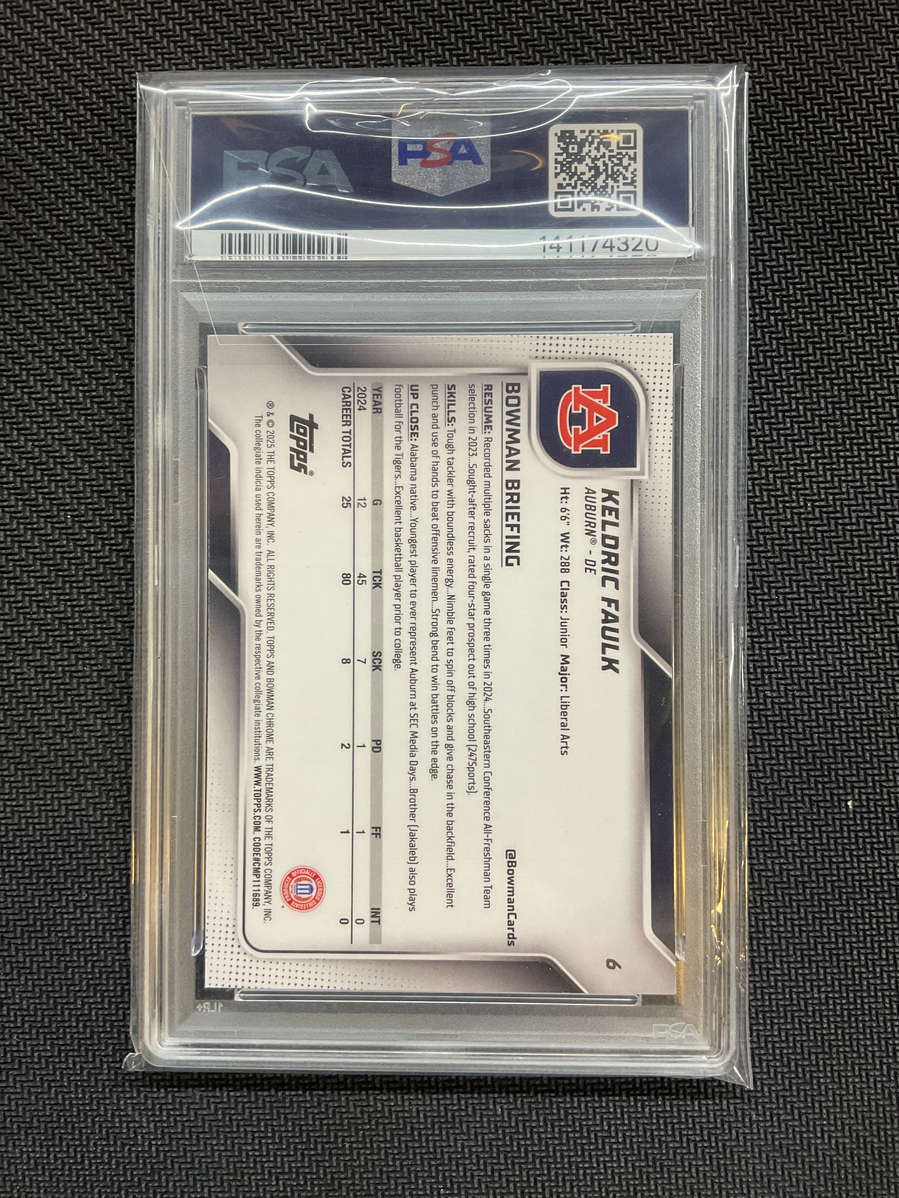 2025 Bowman U Sapphire Keldric Faulk Rookie PSA 10 Auburn