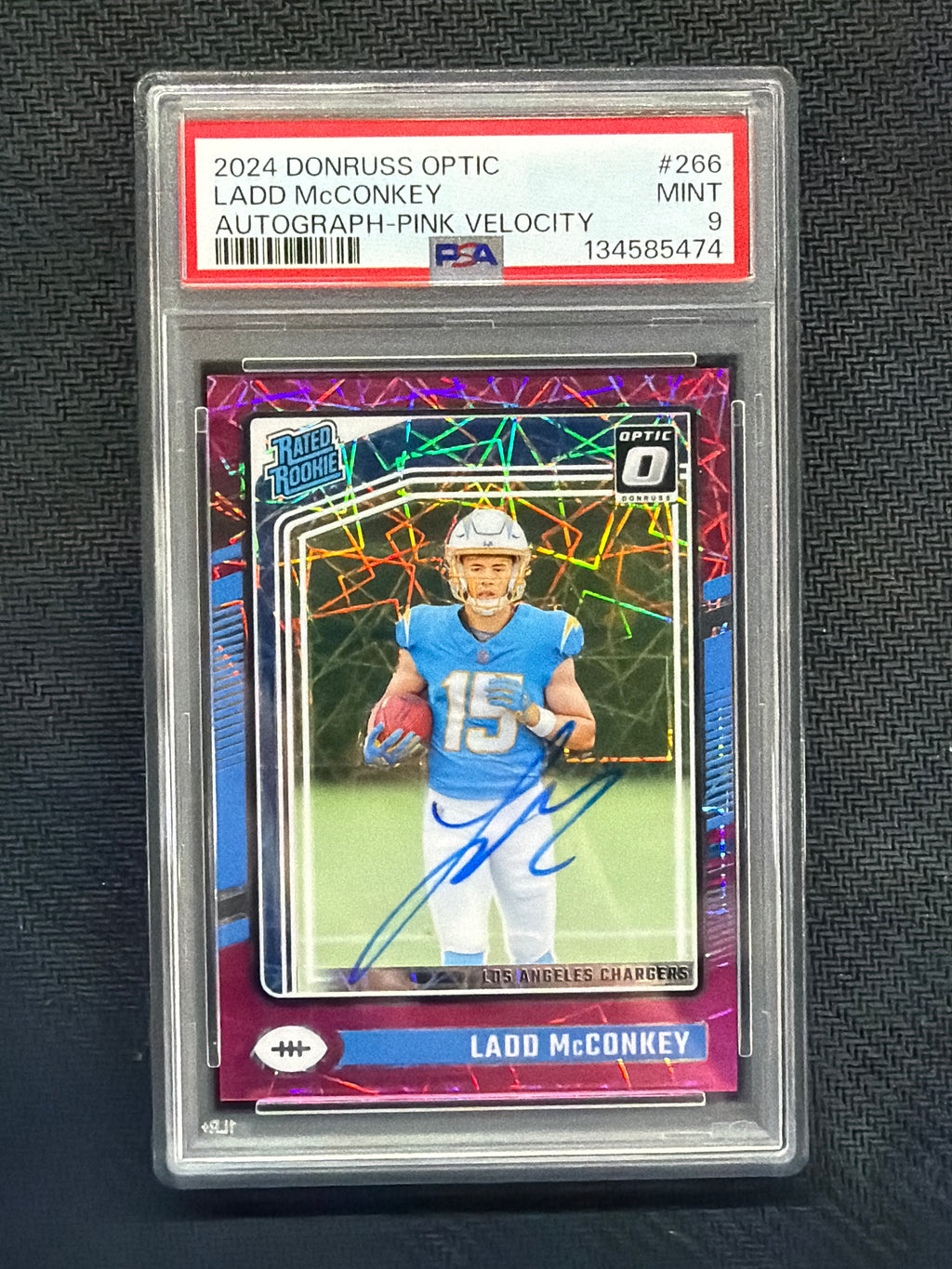 2024 Donruss Optic Ladd McConkey Rookie Auto Pink /50 PSA 9
