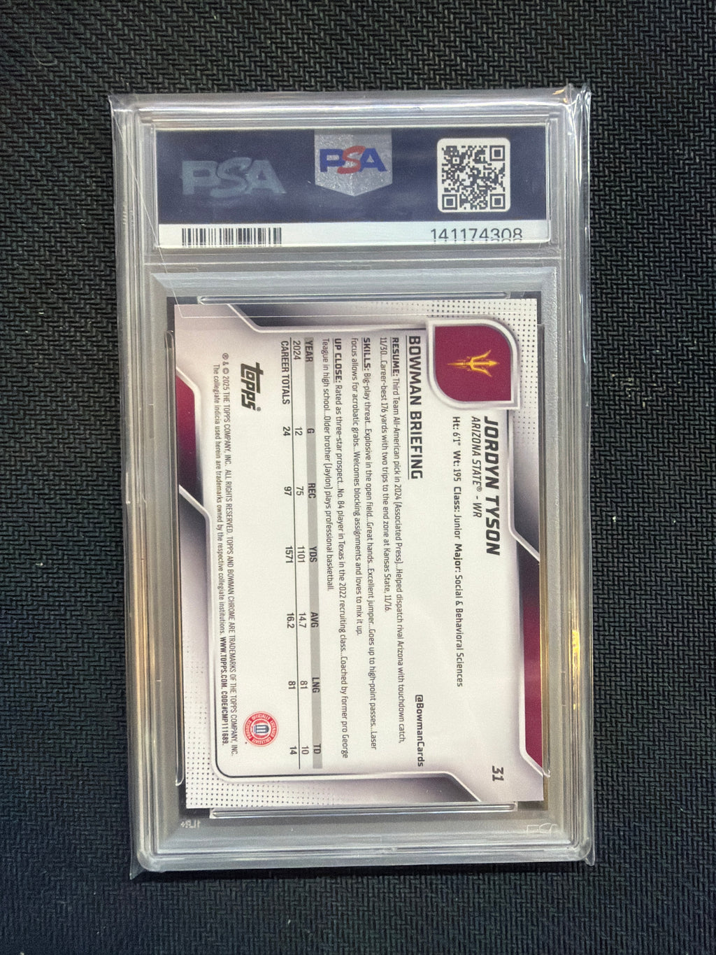 2025 Bowman U Sapphire Jordyn Tyson Rookie PSA 10 Arizona State