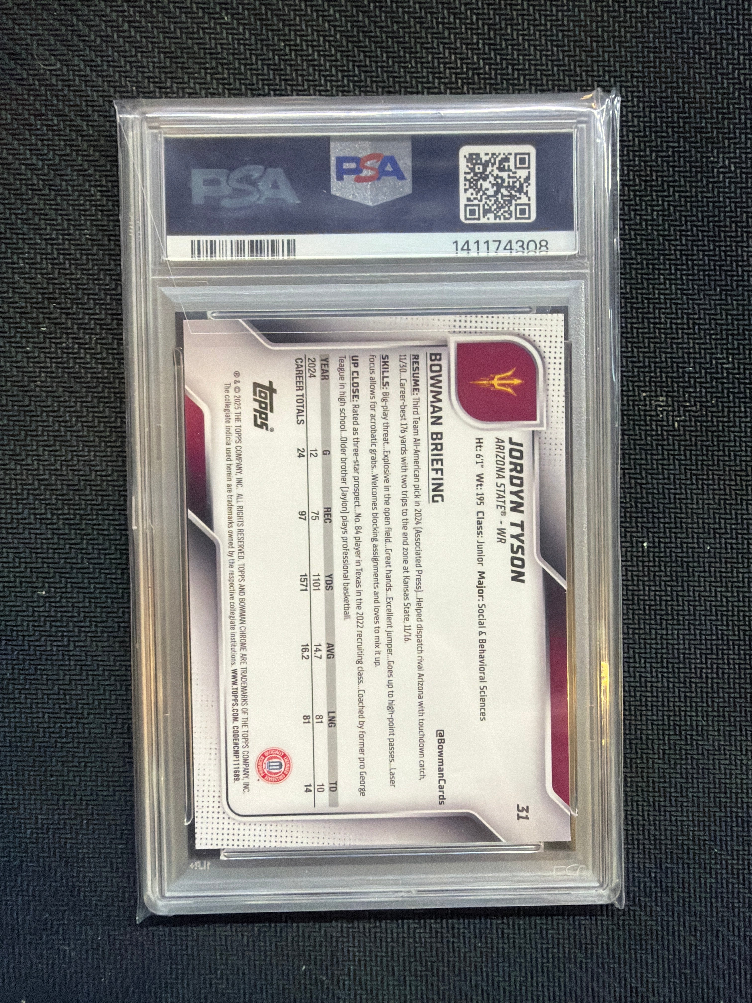 2025 Bowman U Sapphire Jordyn Tyson Rookie PSA 10 Arizona State