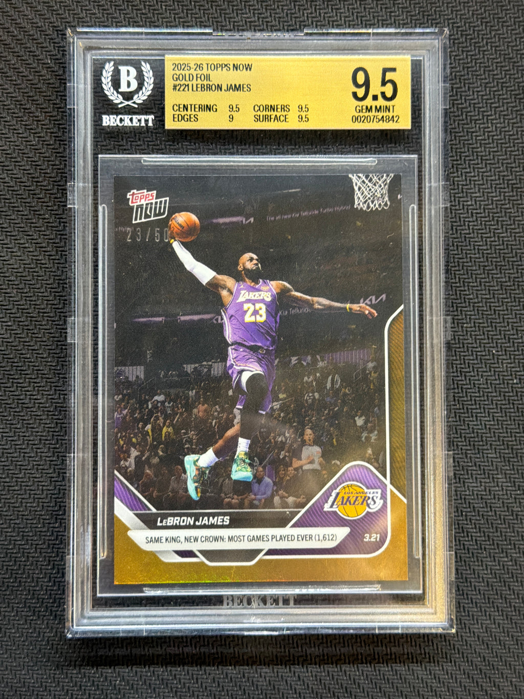 2025-26 Topps Now LeBron James #221 Gold Foil 23/50 JSY Number BGS 9.5