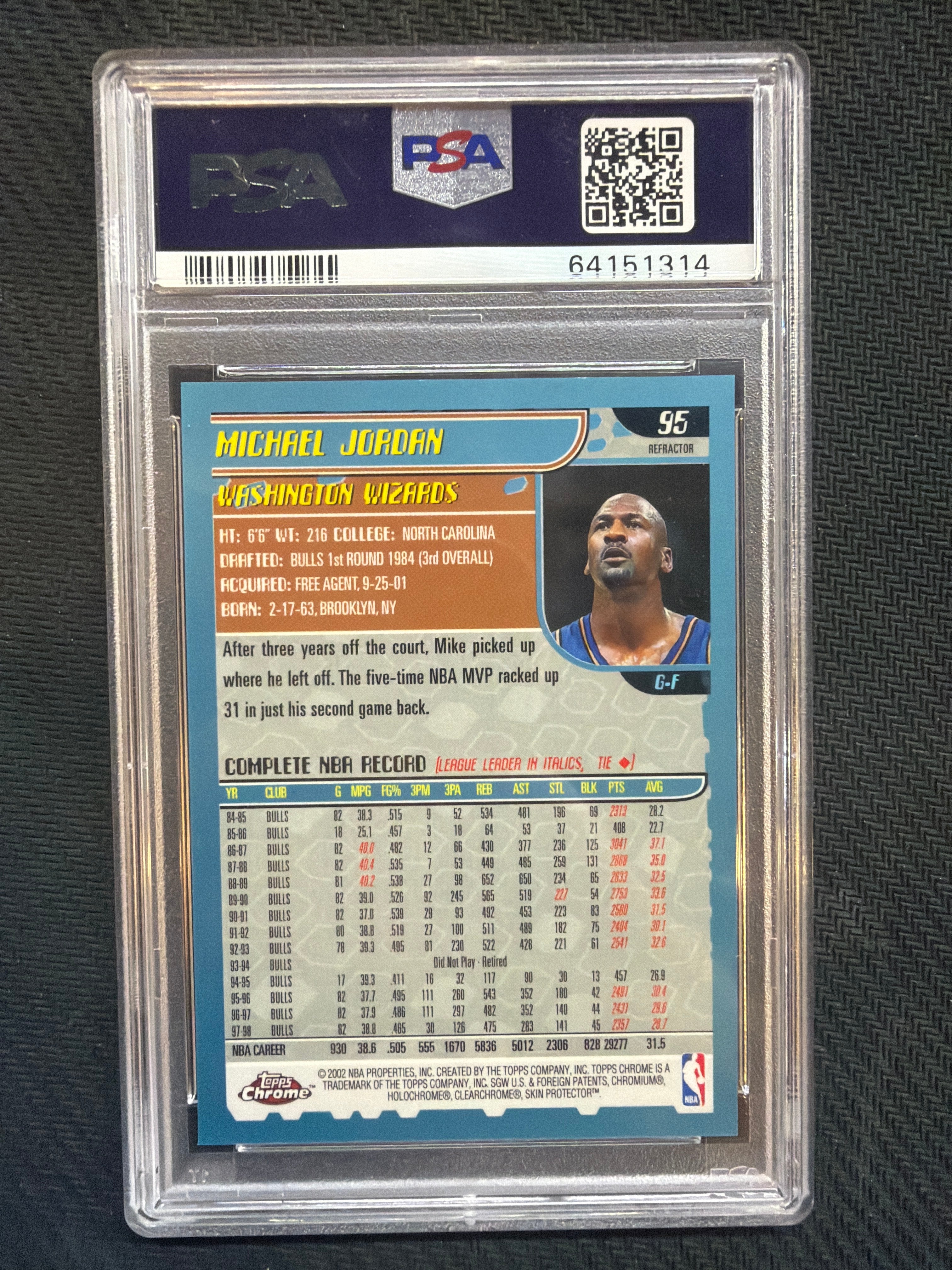 2001 Topps Chrome Michael Jordan #95 Refractor PSA 10 Wizards