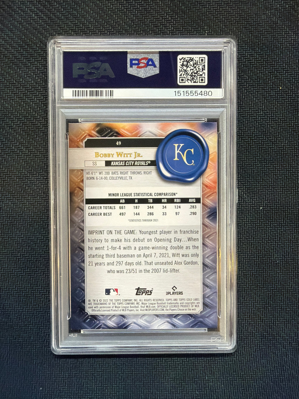 2022 Topps Gold Label Bobby Witt Jr. Class 1 Rookie PSA 9 Royals 480