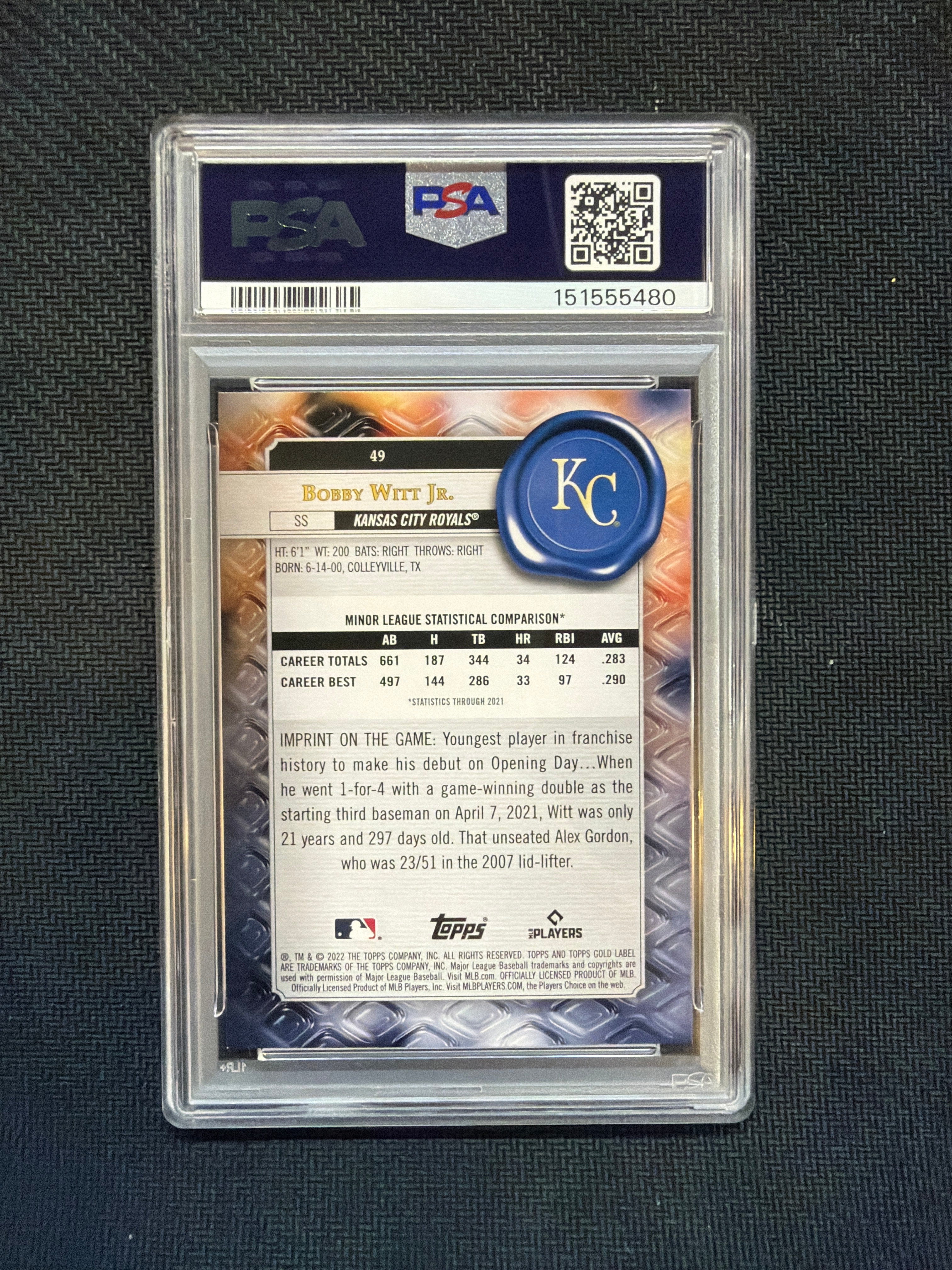 2022 Topps Gold Label Bobby Witt Jr. Class 1 Rookie PSA 9 Royals 480