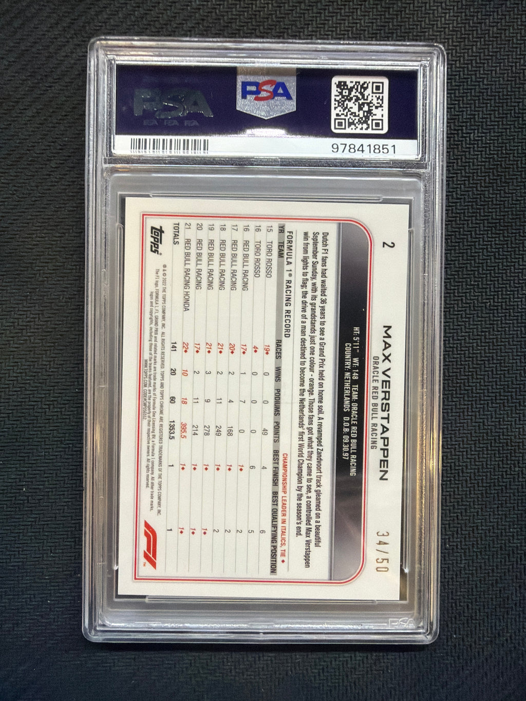 2022 Topps Chrome Sapphire F1 Max Verstappen SSP Gold /50 PSA 9 851