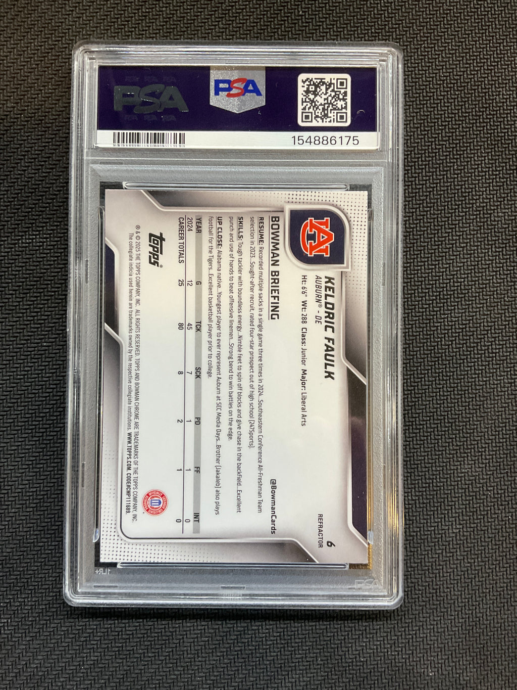 2025 Bowman U Chrome Keldric Faulk Refractor PSA 9 Auburn