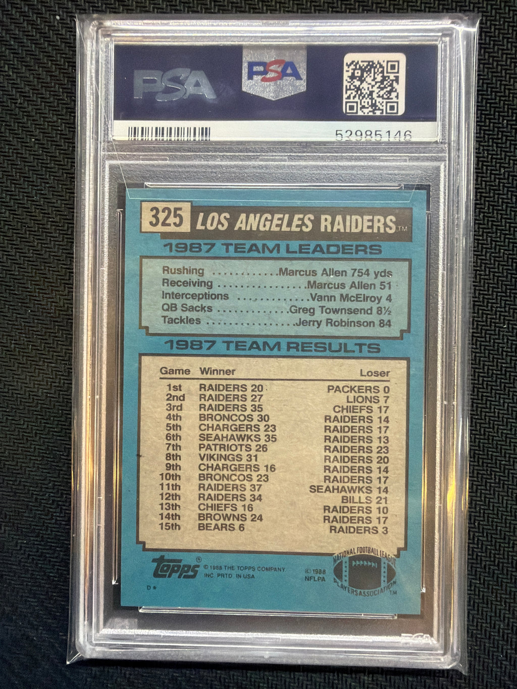 1988 Topps Raiders Team Bo Jackson All Alone #325 PSA 9 146