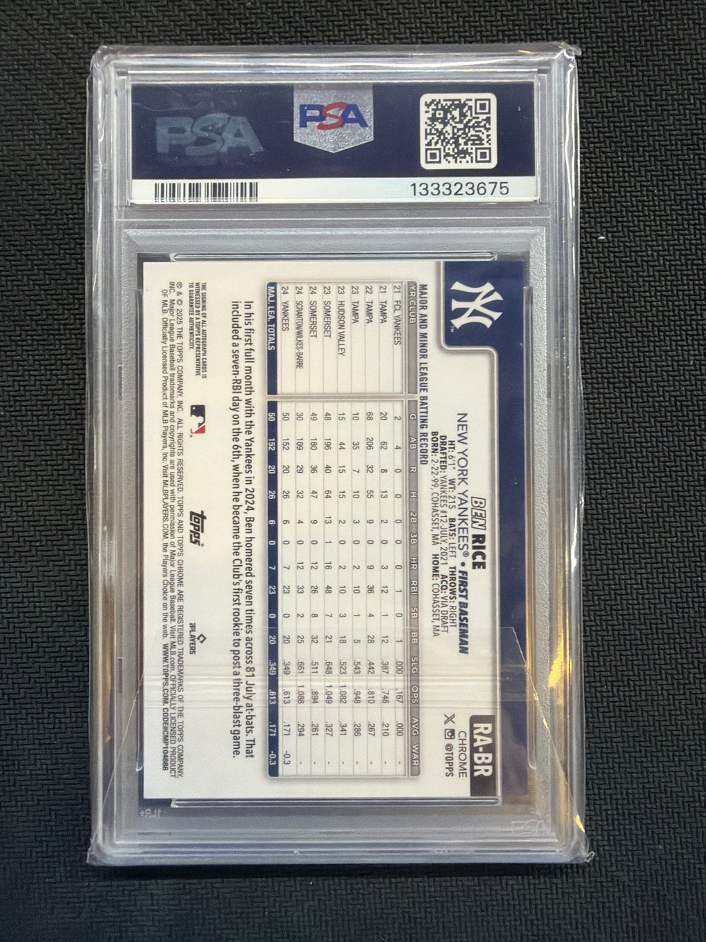 2025 Topps Chrome Sapphire Ben Rice Rookie Auto Green /99 PSA 9 675