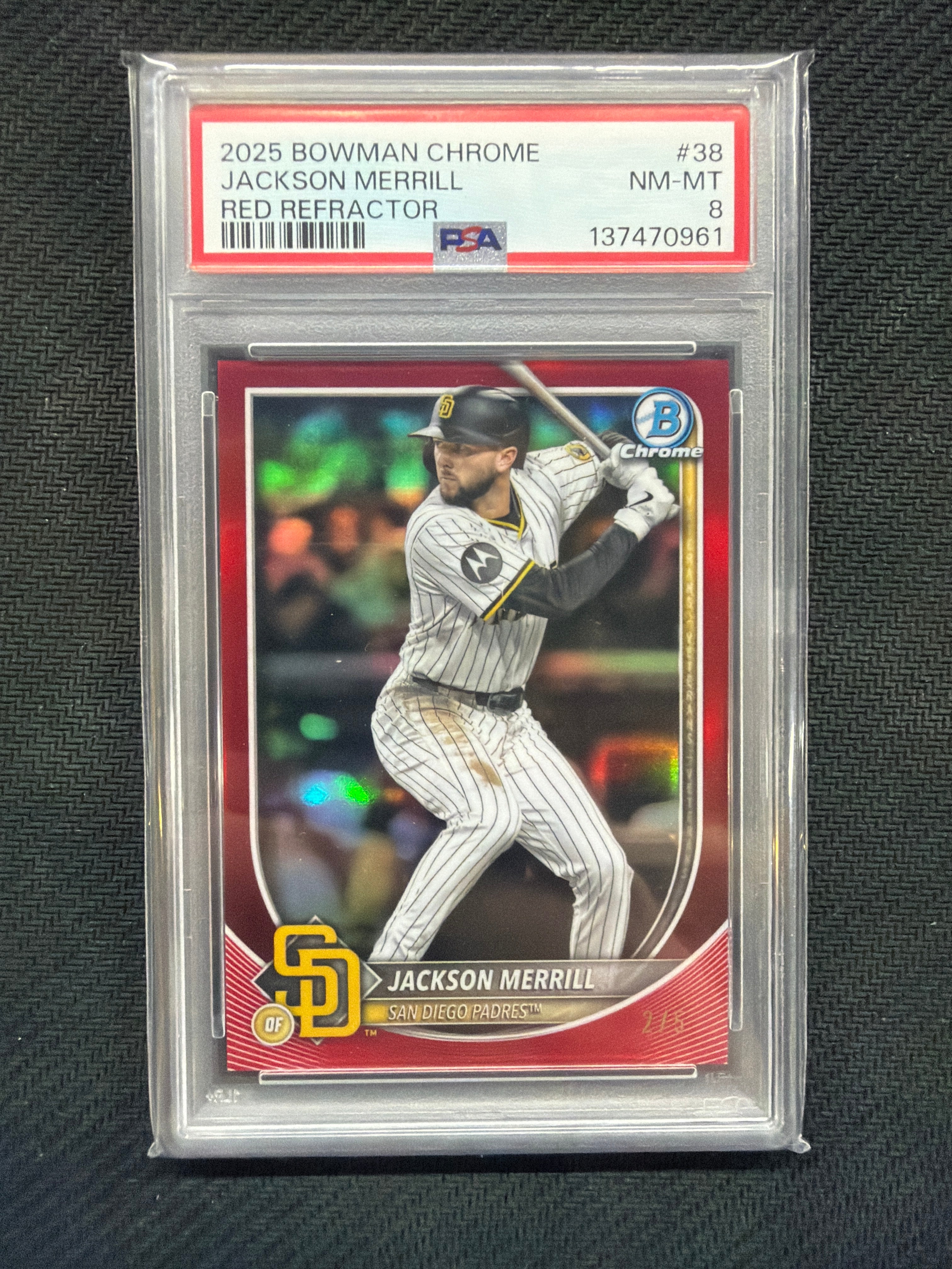 2025 Bowman Chrome Jackson merrill Red /5 PSA 8