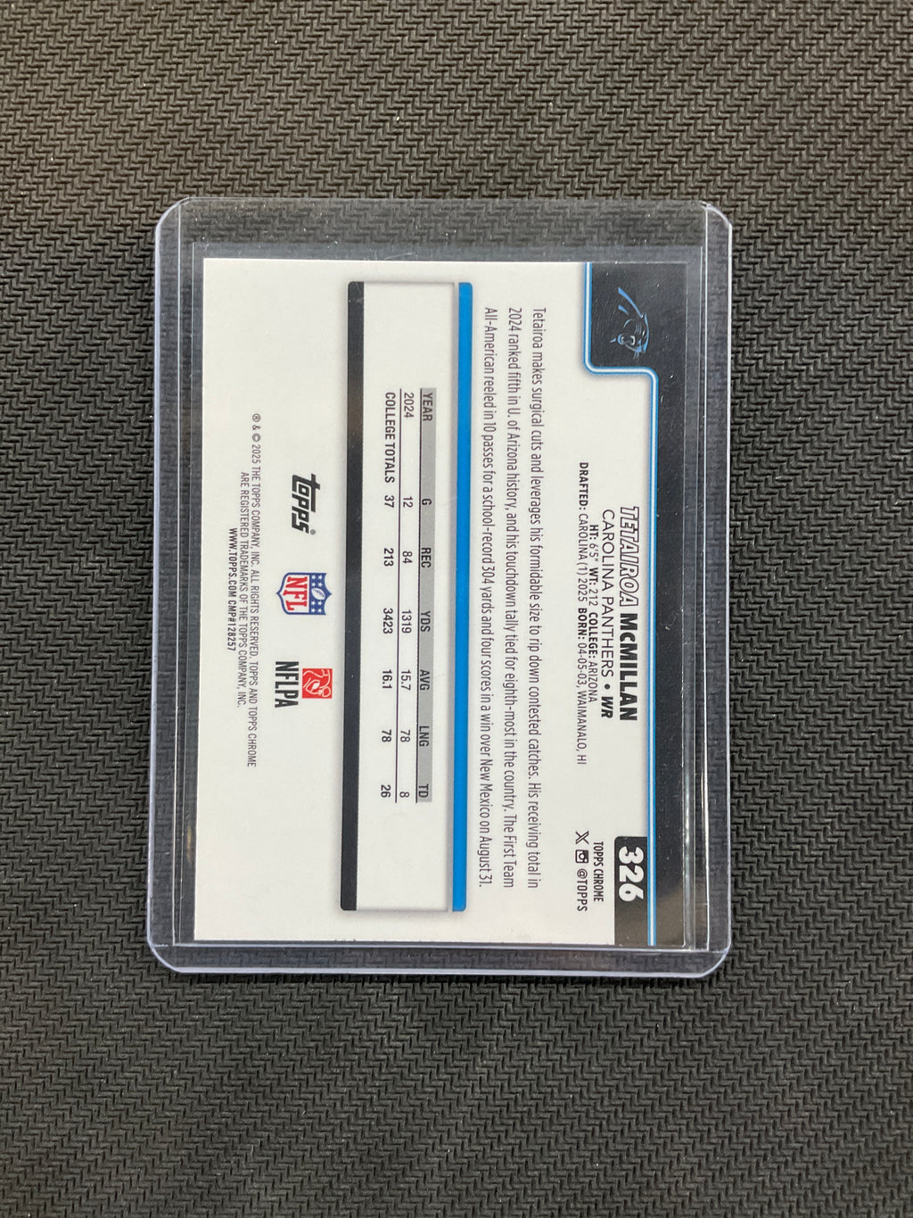 2025 Topps Chrome Tetairoa Mcmillan Pink /250 Panthers