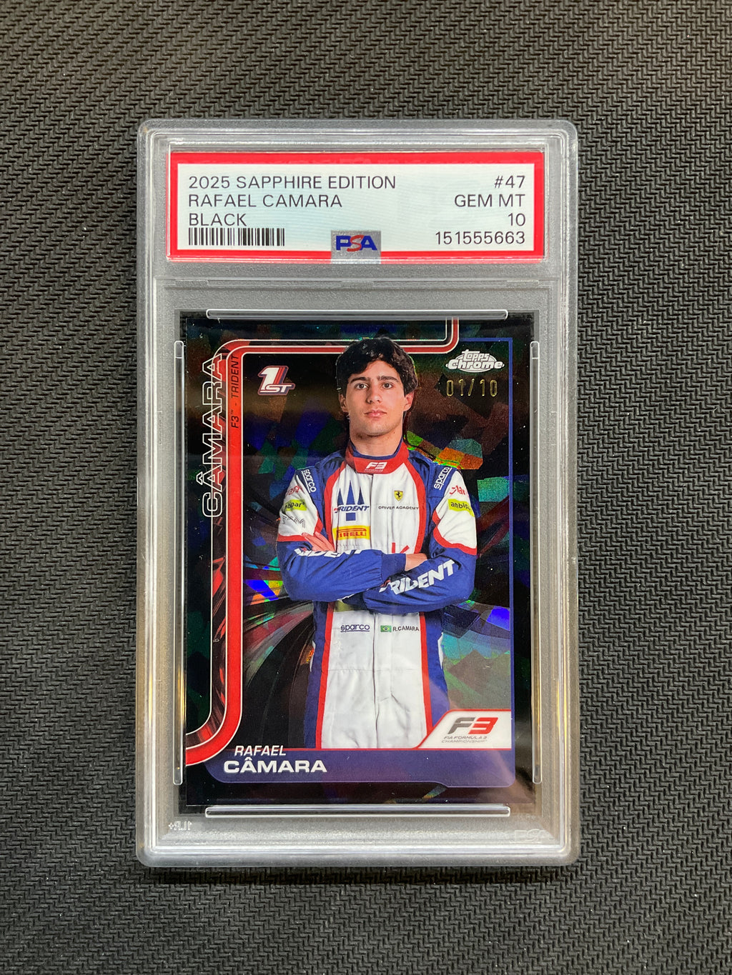 2025 Topps Chrome F1 Sapphire Rafael Camara Black /10 PSA 10