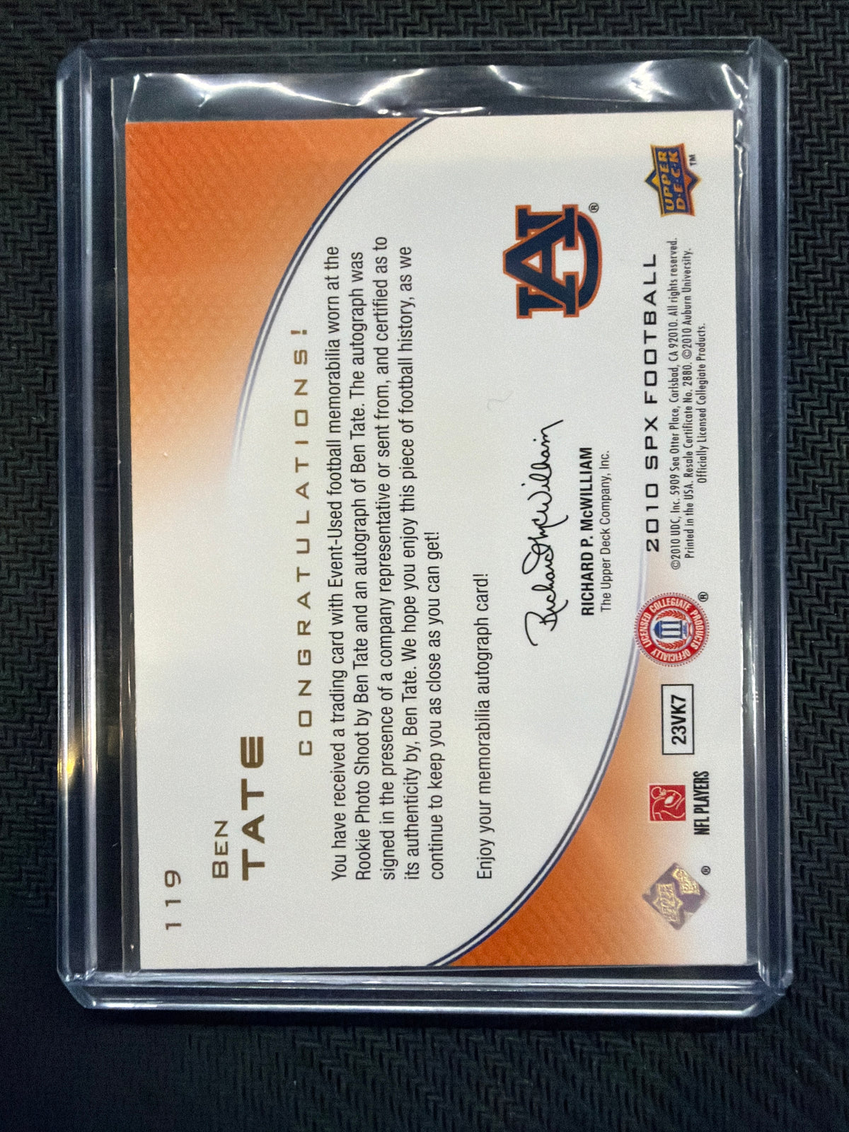 2010 SPX Ben Tate Rookie Patch Auto /375 Auburn