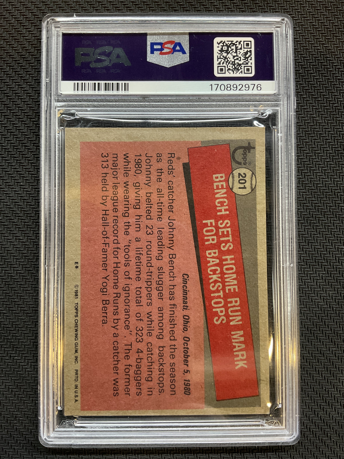 1981 Topps #201 Johnny Bench PSA 7