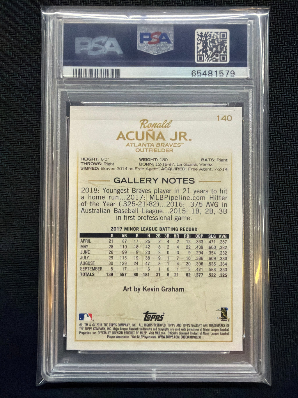 2018 Topps Gallery Ronald Acuna Jr. Rookie Wood #140 PSA 10 579 Braves