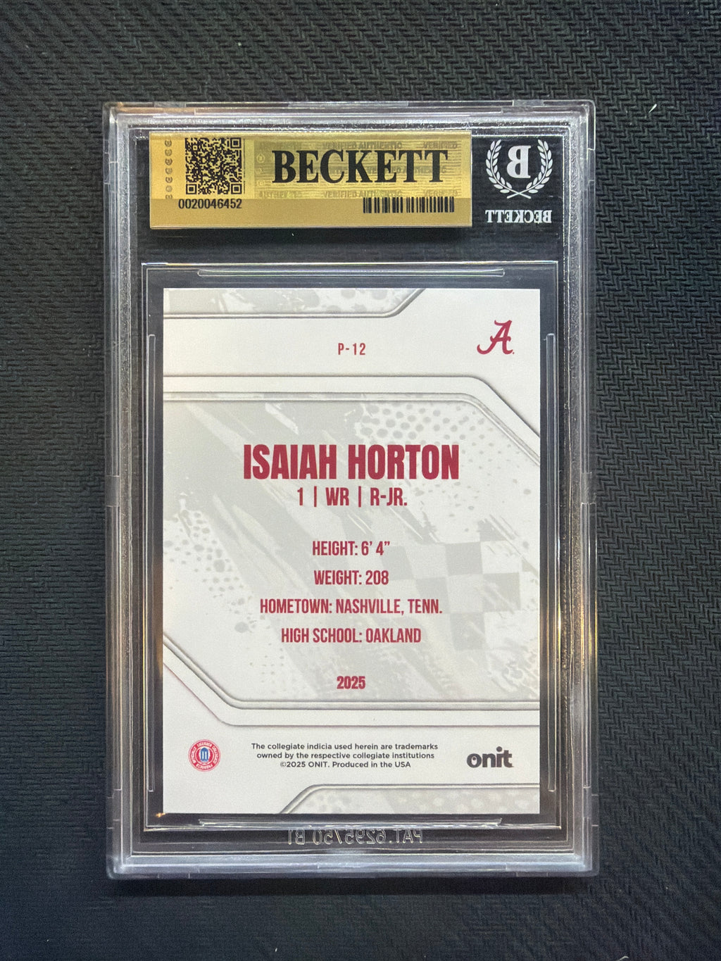 2025 Onit Alabama Isaiah Horton Platinum /49 BGS 9.5 Alabama