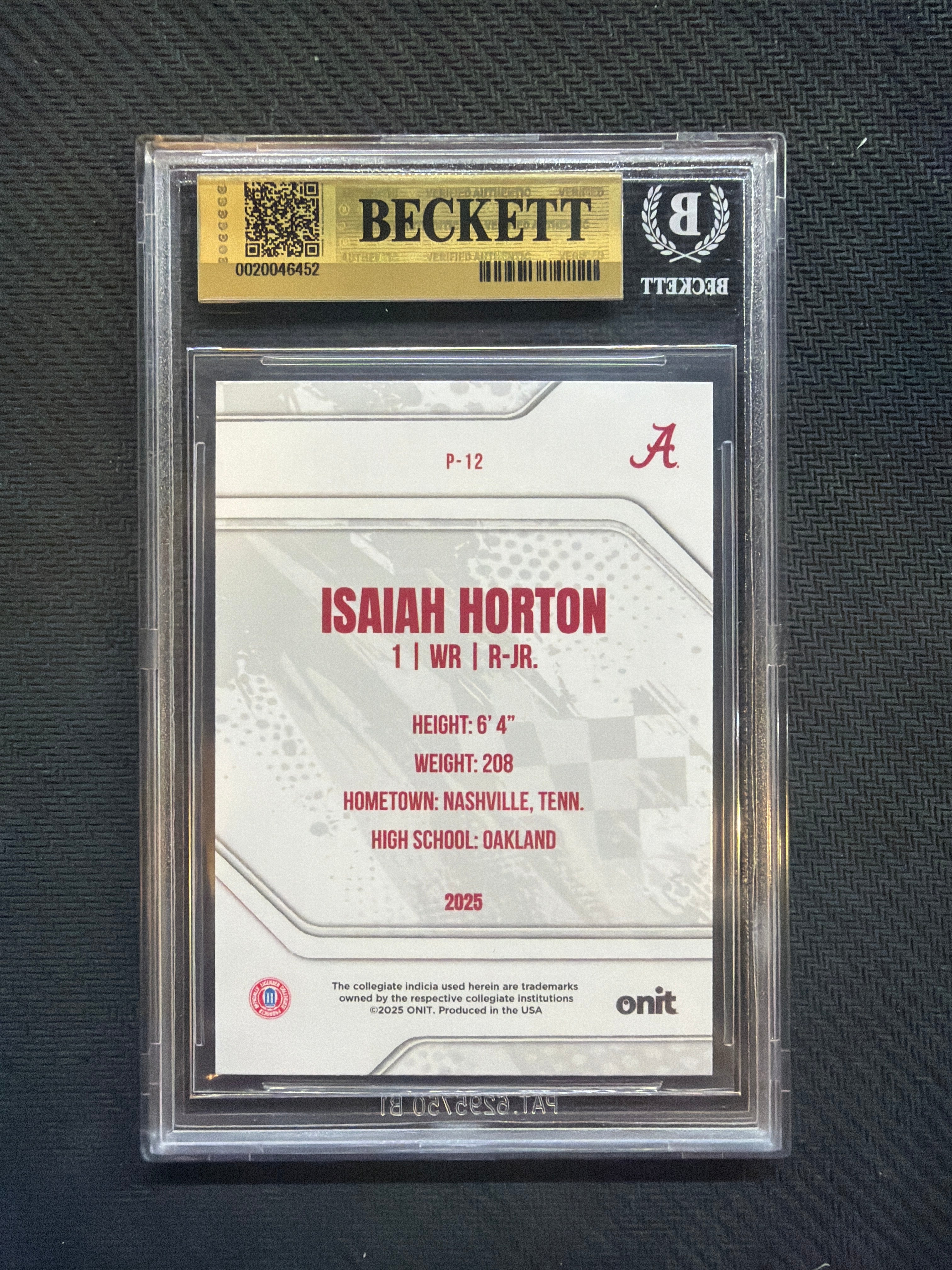 2025 Onit Alabama Isaiah Horton Platinum /49 BGS 9.5 Alabama