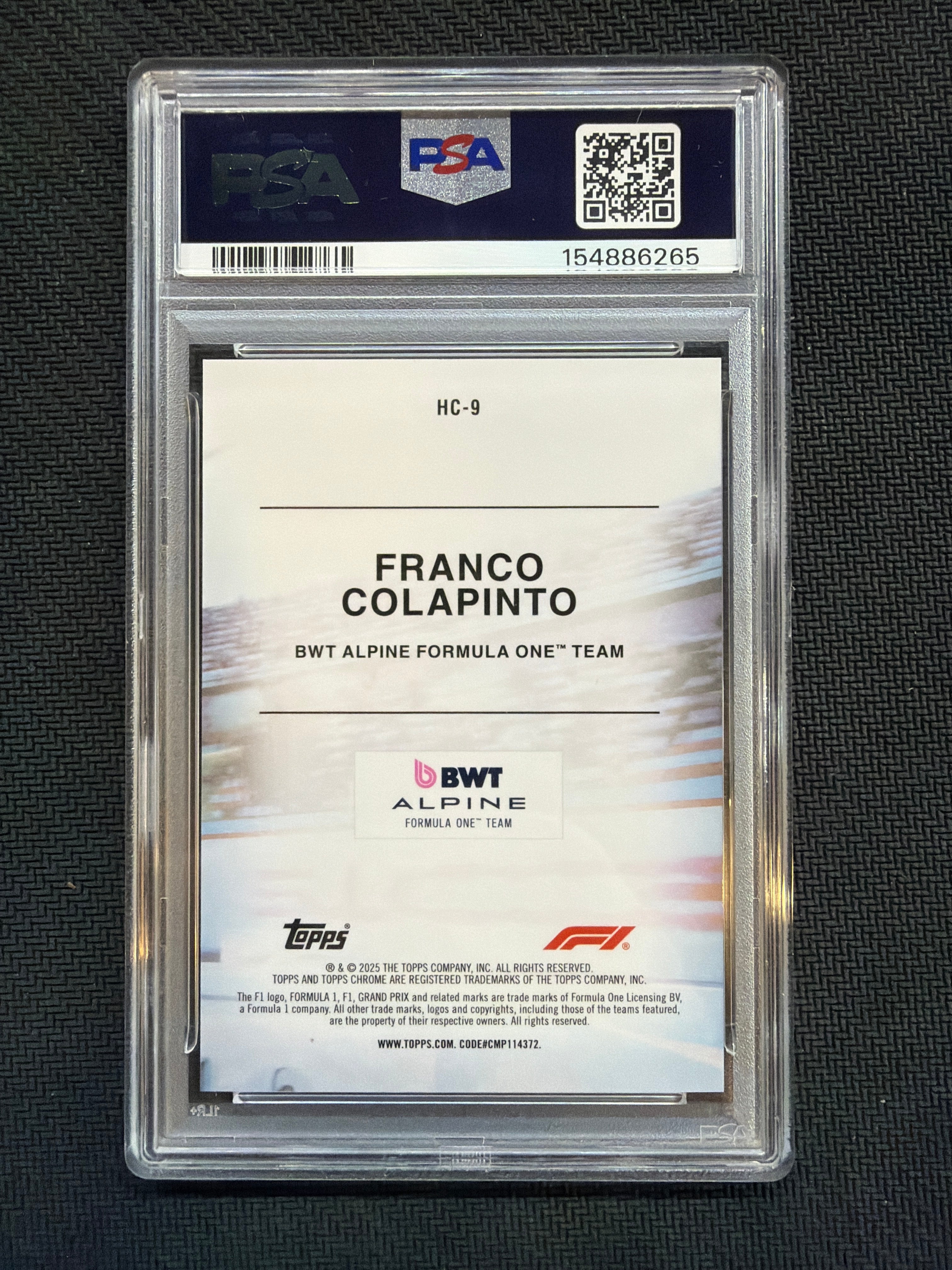 2025 Topps Chrome F1 Franco Colapinto Helmet Gold /50 PSA 10 Alpine